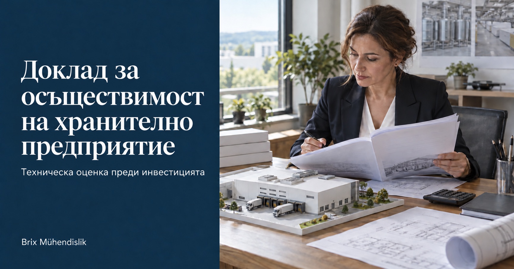 Консултант преглежда доклад до макет на фабрика; корица Доклад за осъществимост на хранително предприятие.
