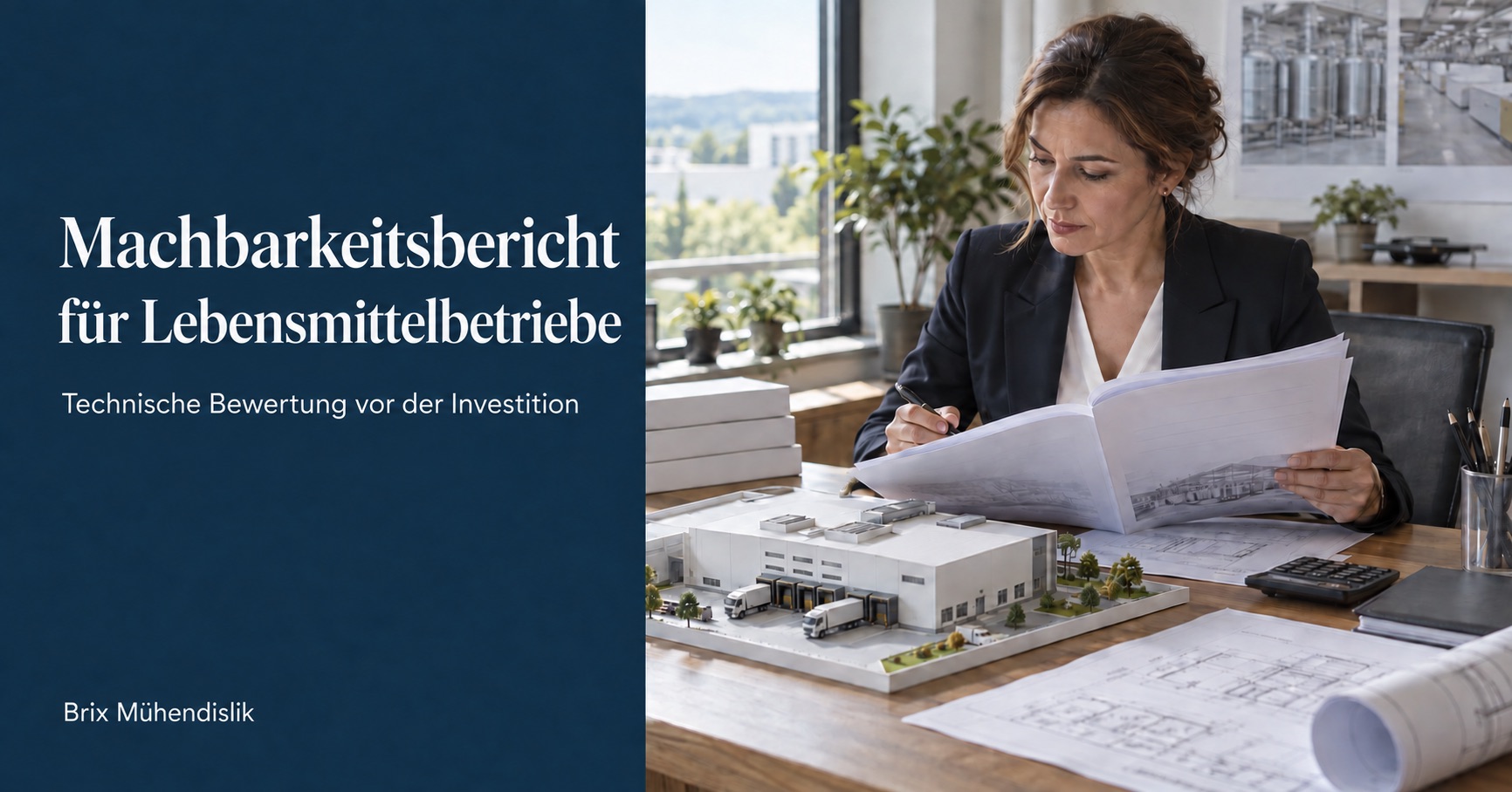 Eine Beraterin prüft einen Bericht neben einem Fabrikmodell; Titelbild Machbarkeitsbericht für Lebensmittelbetriebe.