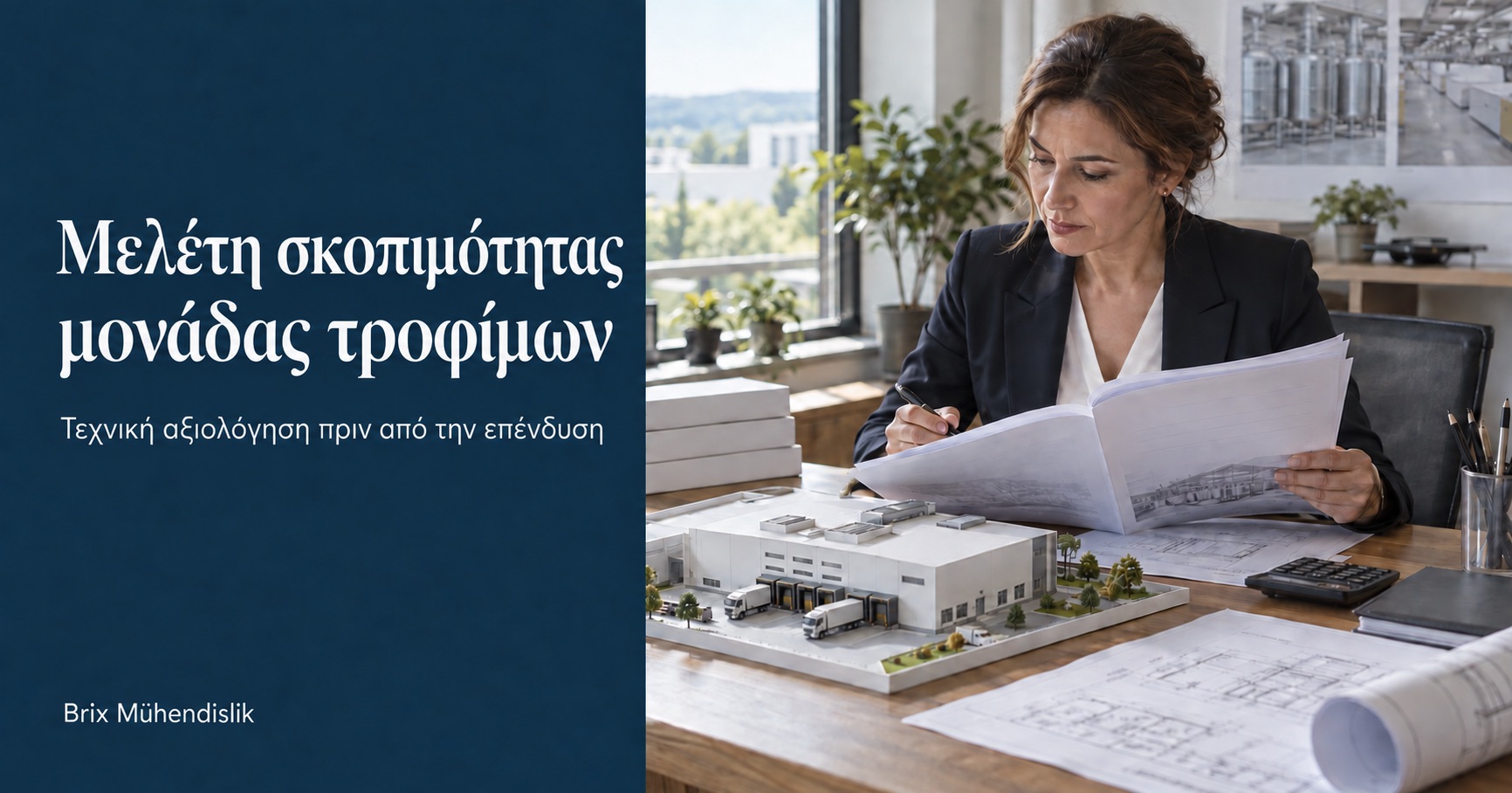 Σύμβουλος εξετάζει τεχνική έκθεση δίπλα σε μακέτα εργοστασίου· εξώφυλλο Μελέτη σκοπιμότητας μονάδας τροφίμων.