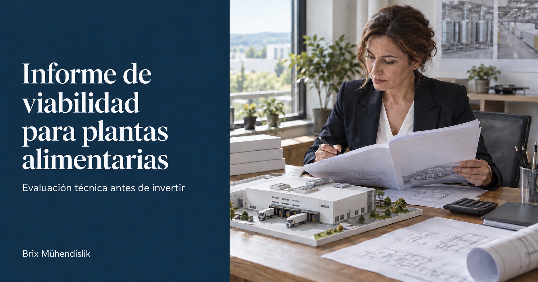 Una consultora revisa un informe junto a una maqueta de fábrica; portada Informe de viabilidad para plantas alimentarias.