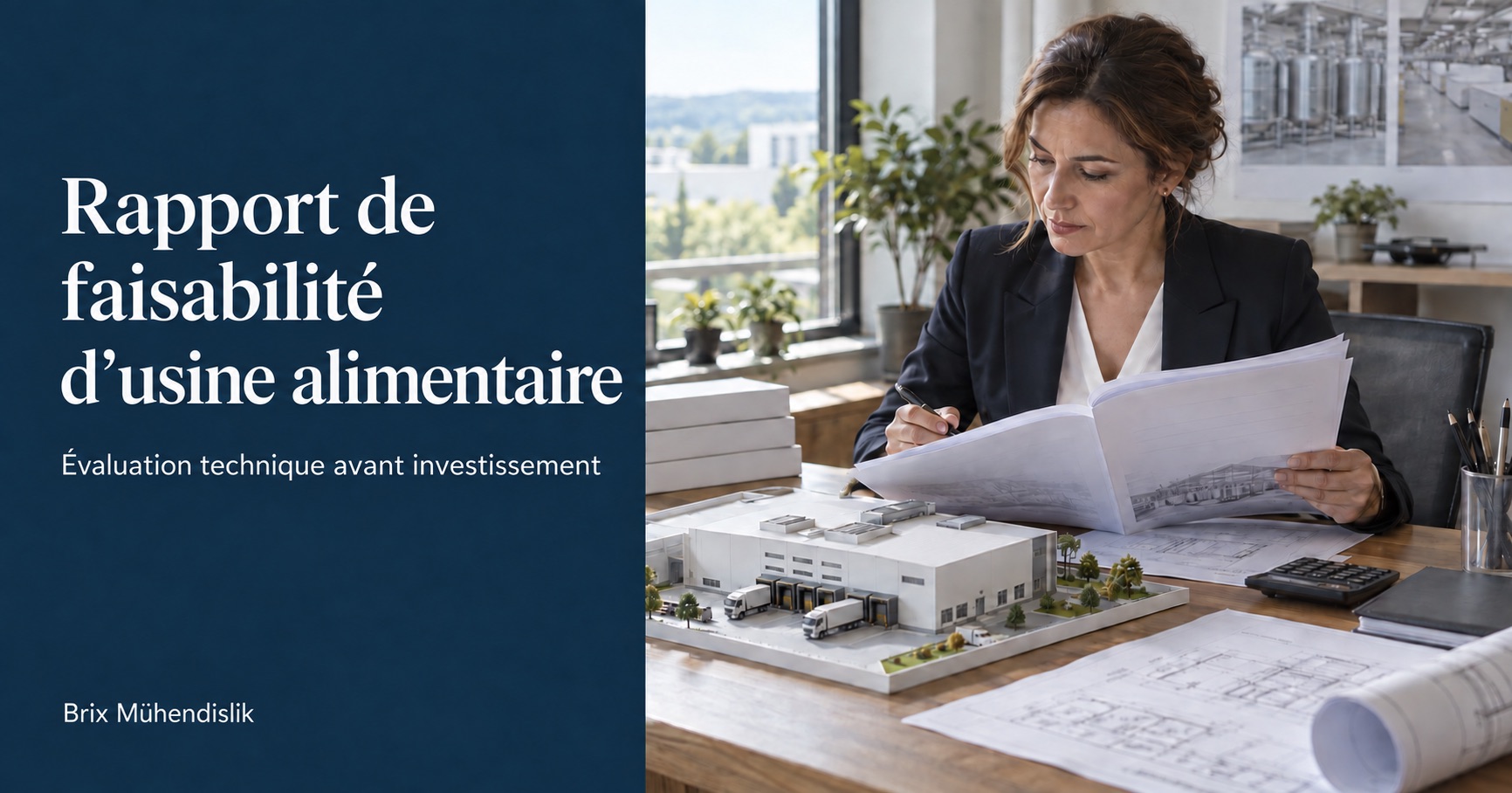 Une consultante examine un rapport près d’une maquette d’usine ; couverture Rapport de faisabilité d’usine alimentaire.