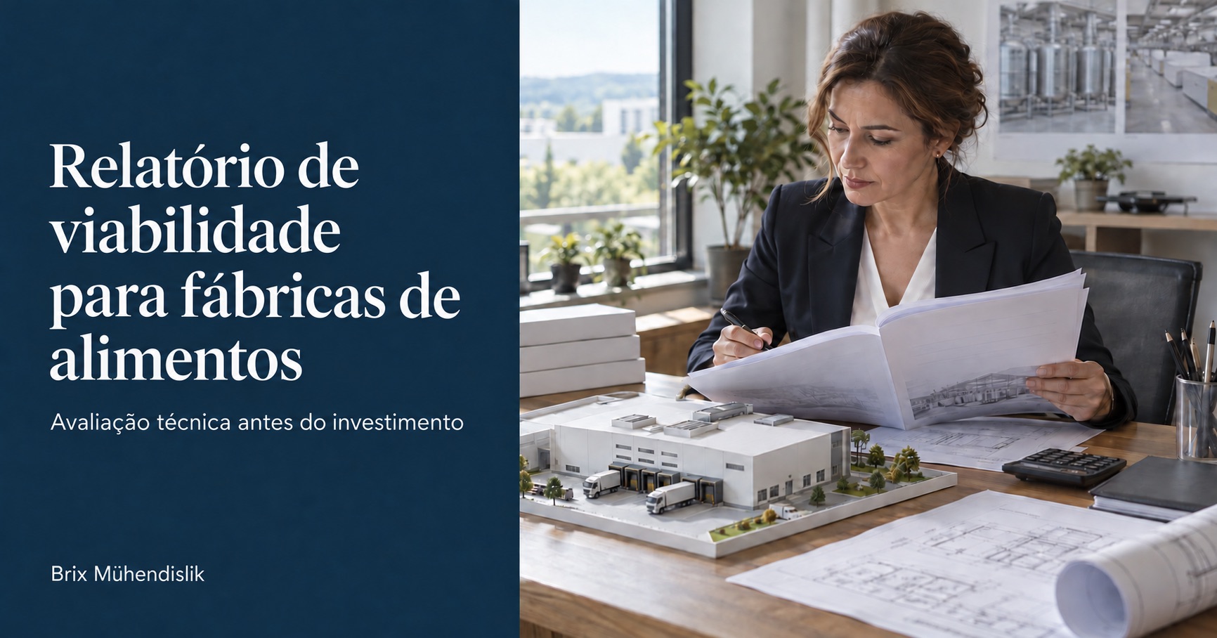Uma consultora analisa um relatório ao lado de uma maquete de fábrica; capa Relatório de viabilidade para fábricas de alimentos.