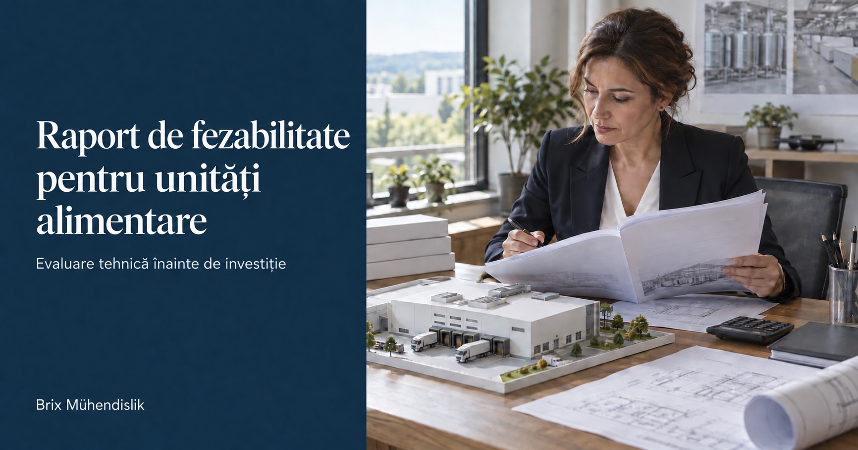 O consultantă analizează un raport lângă o machetă de fabrică; copertă Raport de fezabilitate pentru unități alimentare.