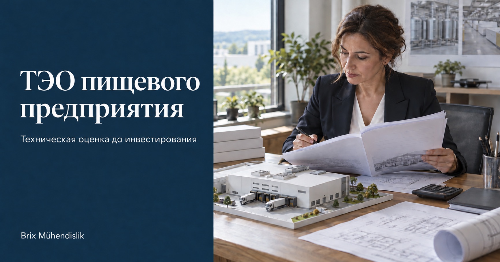 Консультант изучает отчёт рядом с макетом завода; обложка с заголовком ТЭО пищевого предприятия.