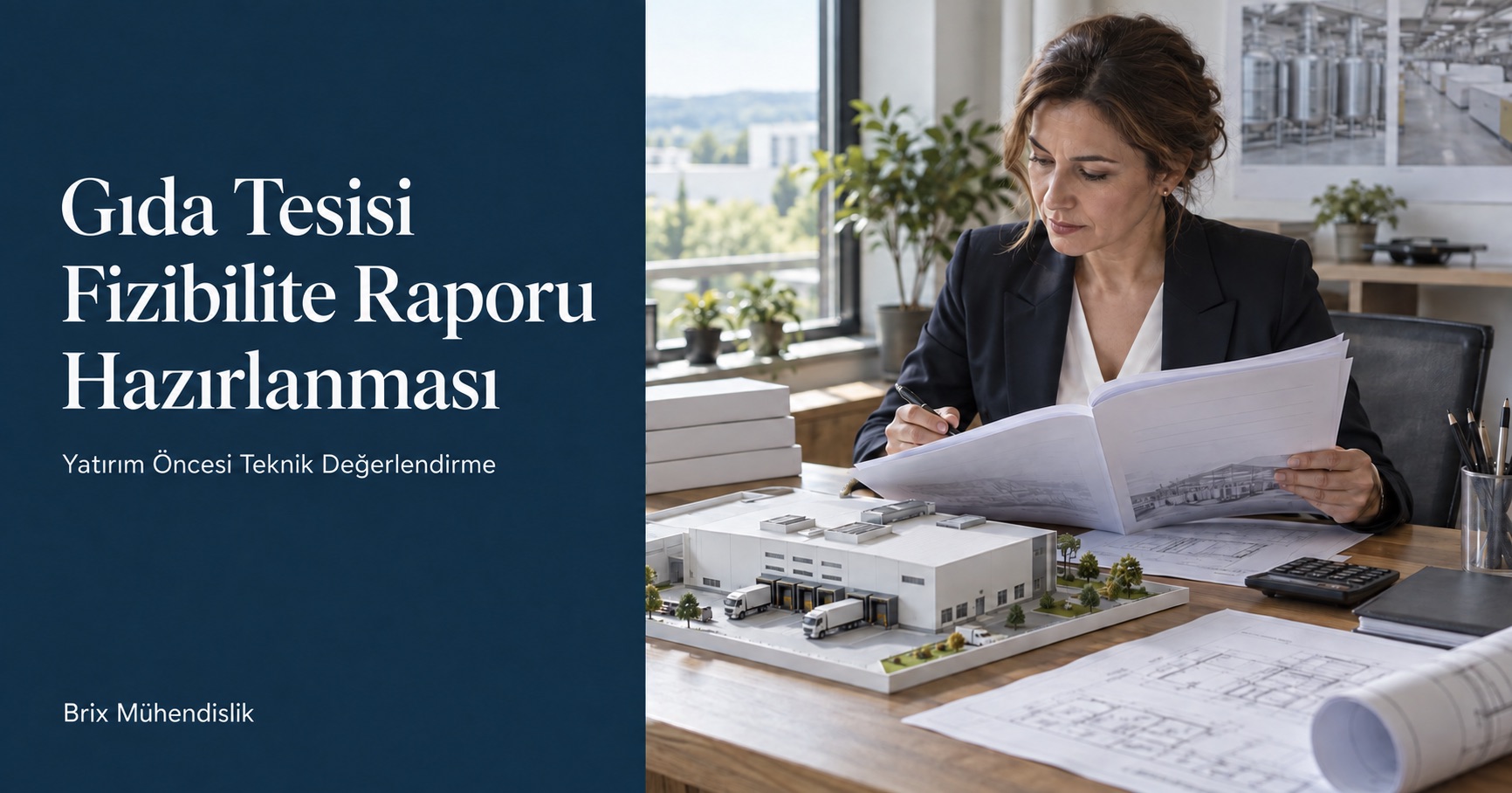 Tesis maketi yanında teknik rapor inceleyen danışman; Gıda Tesisi Fizibilite Raporu Hazırlanması başlıklı kapak.