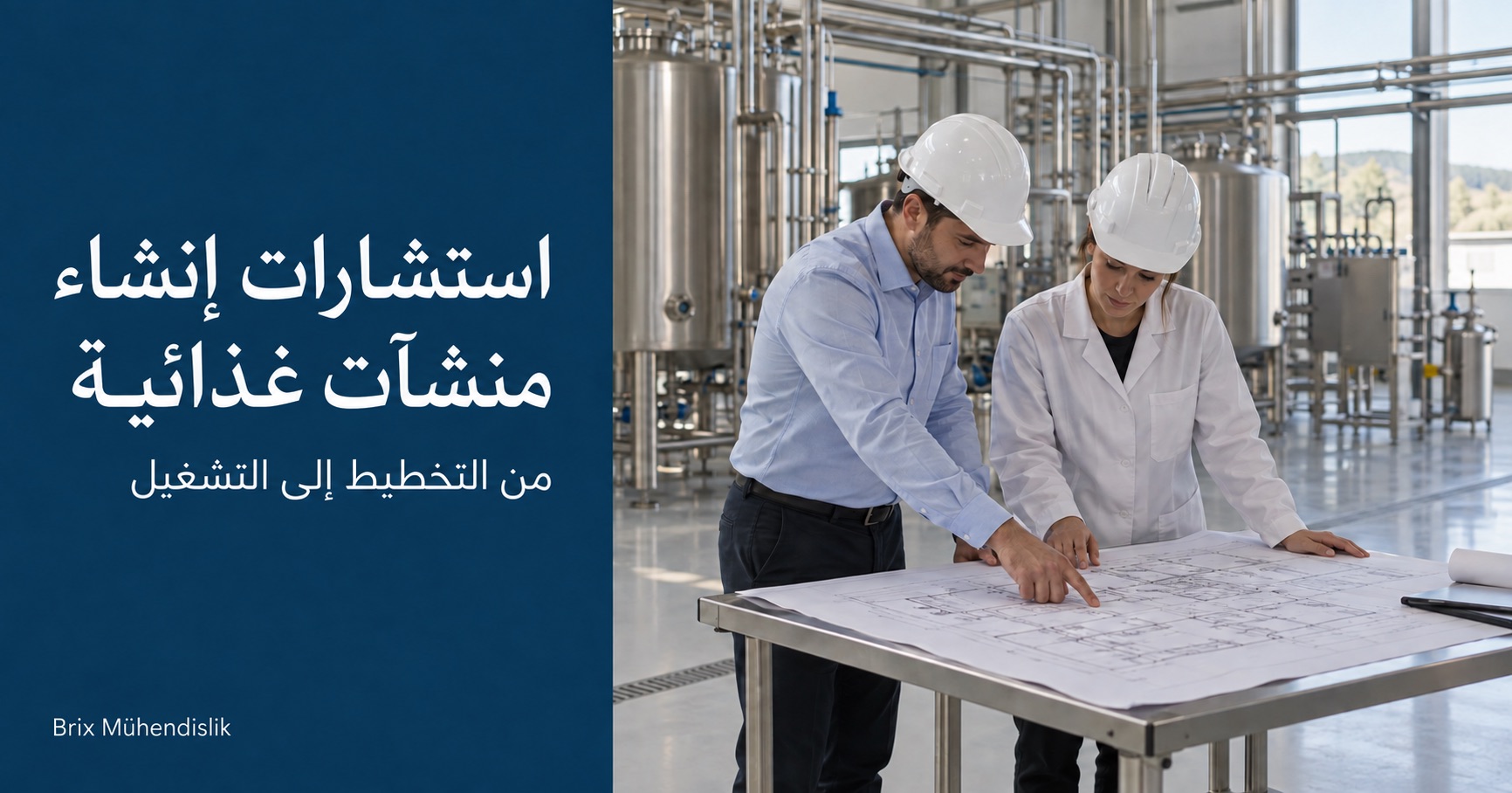 مهندسان يراجعان مخططًا في صالة إنتاج جديدة؛ غلاف بعنوان استشارات إنشاء منشآت غذائية.