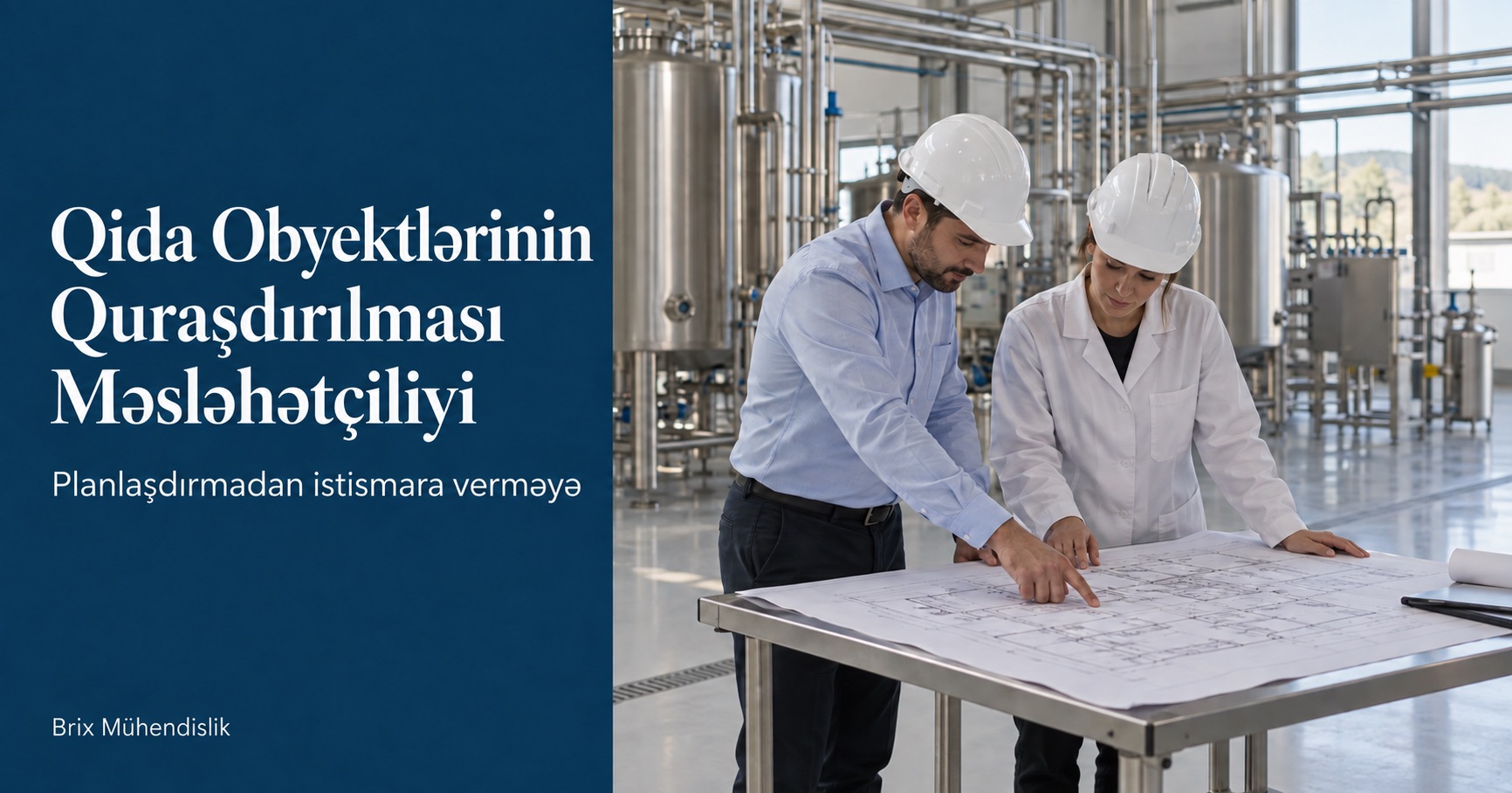 Yeni qida müəssisəsində yerləşmə planını araşdıran iki mühəndis; Qida Obyektlərinin Quraşdırılması Məsləhətçiliyi başlıqlı üz qabığı.