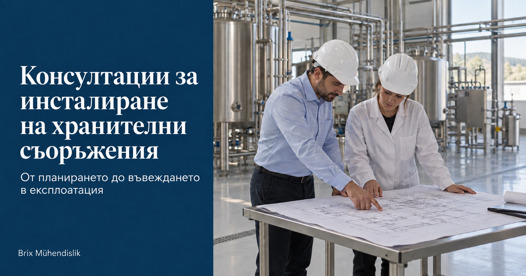 Двама инженери разглеждат план в нова производствена зала; корица Консултации за инсталиране на хранителни съоръжения.