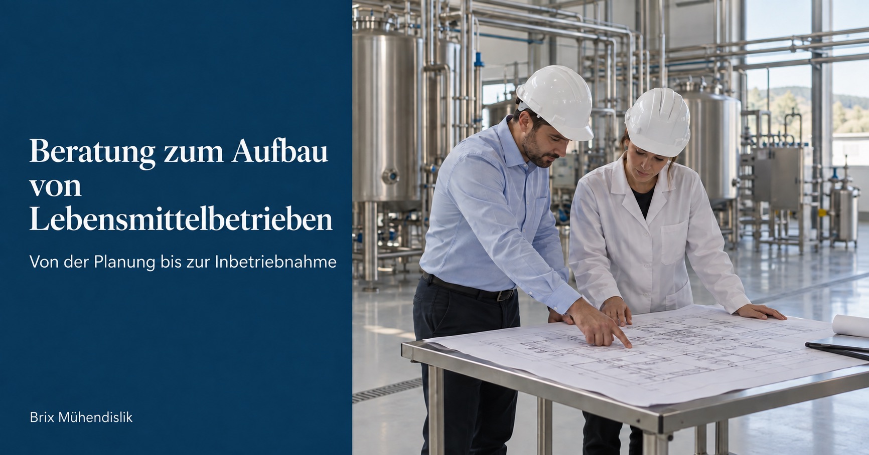 Zwei Ingenieure prüfen einen Anlagenplan in einer neuen Produktionshalle; Titelbild Beratung zum Aufbau von Lebensmittelbetrieben.