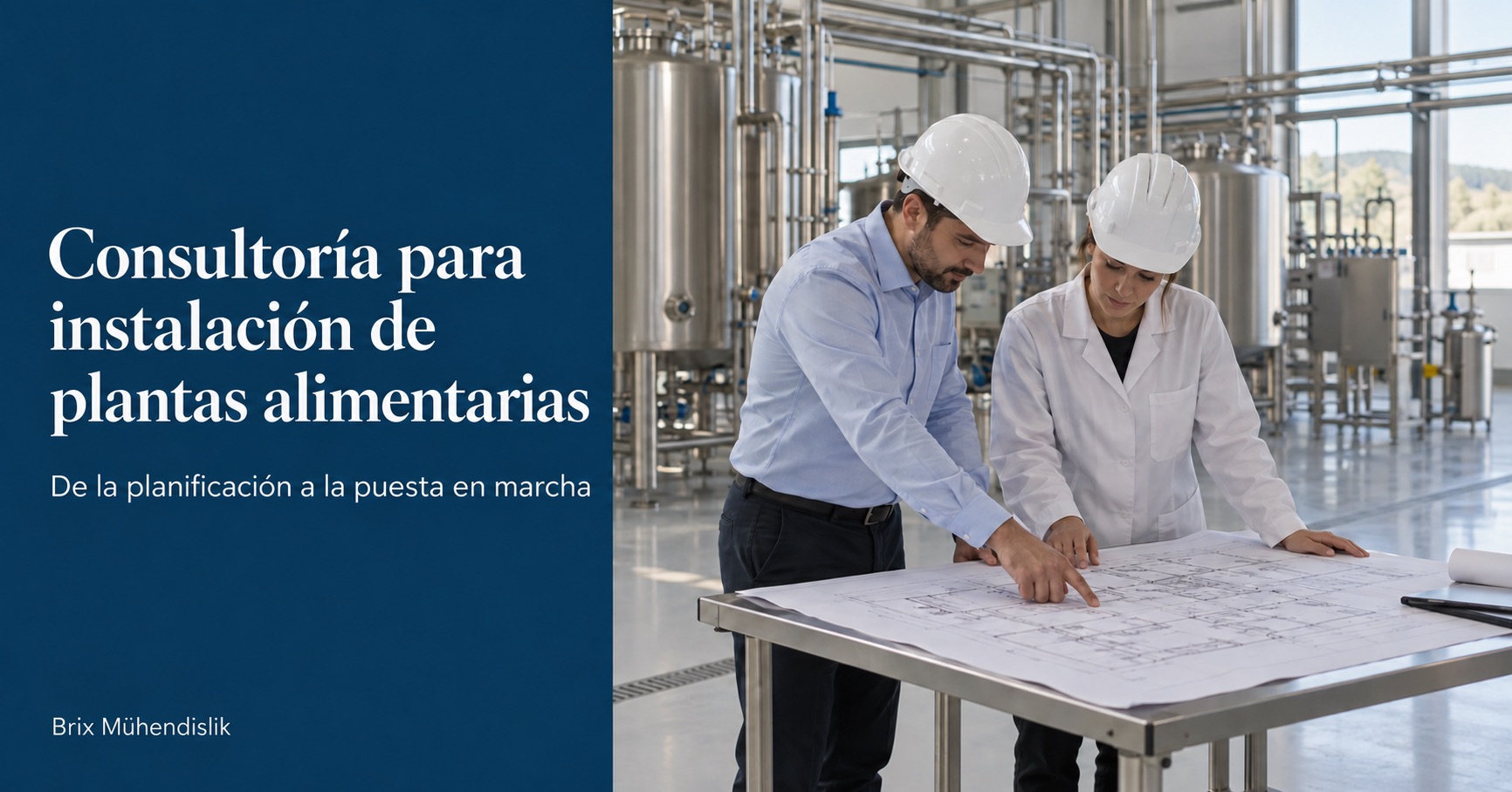 Dos ingenieros revisan un plano en una nueva fábrica; portada Consultoría para instalación de plantas alimentarias.