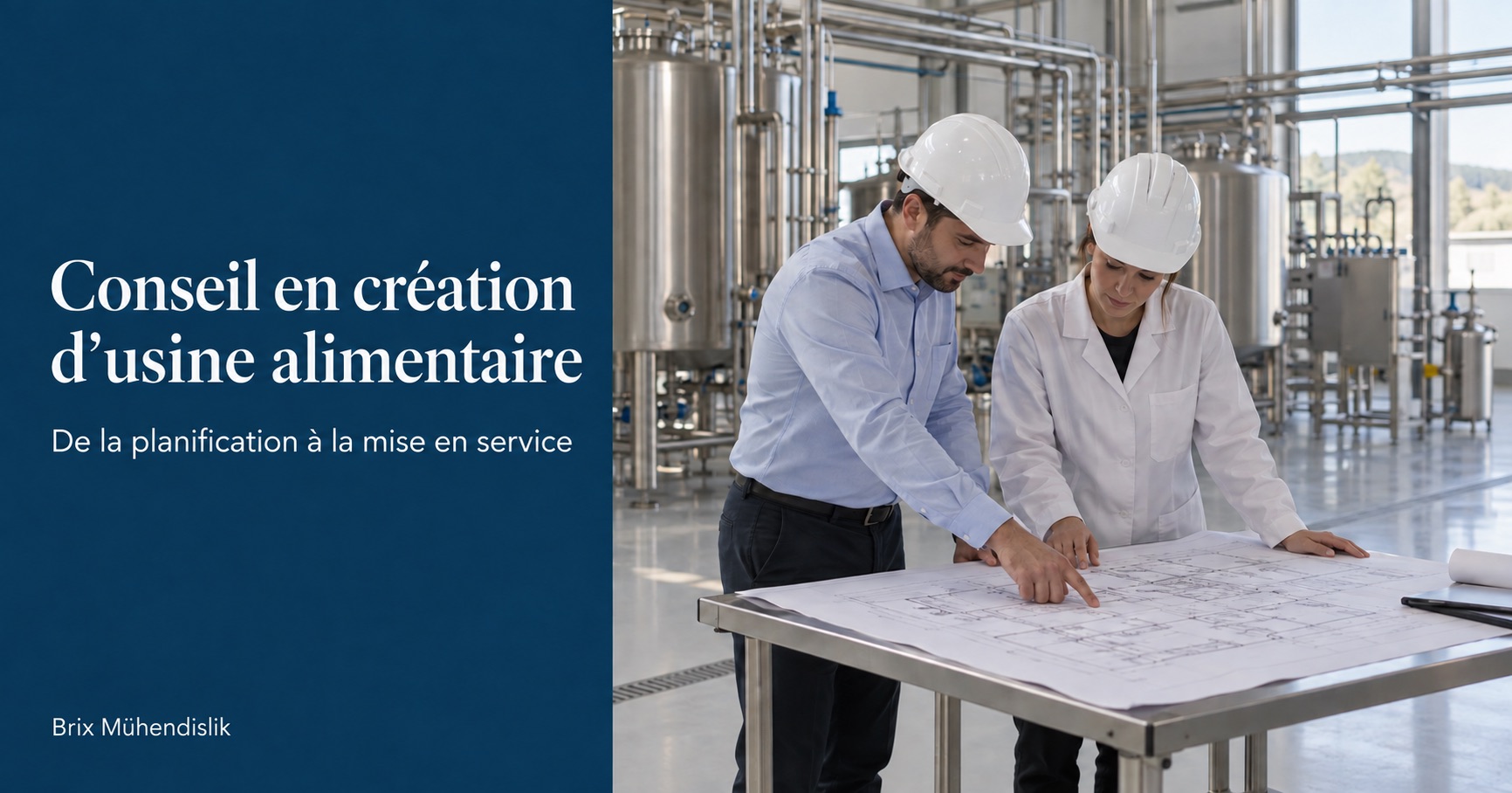 Deux ingénieurs examinent un plan dans une nouvelle usine alimentaire ; couverture Conseil en création d’usine alimentaire.