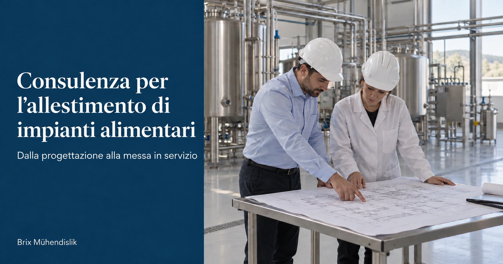 Due ingegneri esaminano una planimetria in un nuovo stabilimento; copertina Consulenza per l’allestimento di impianti alimentari.