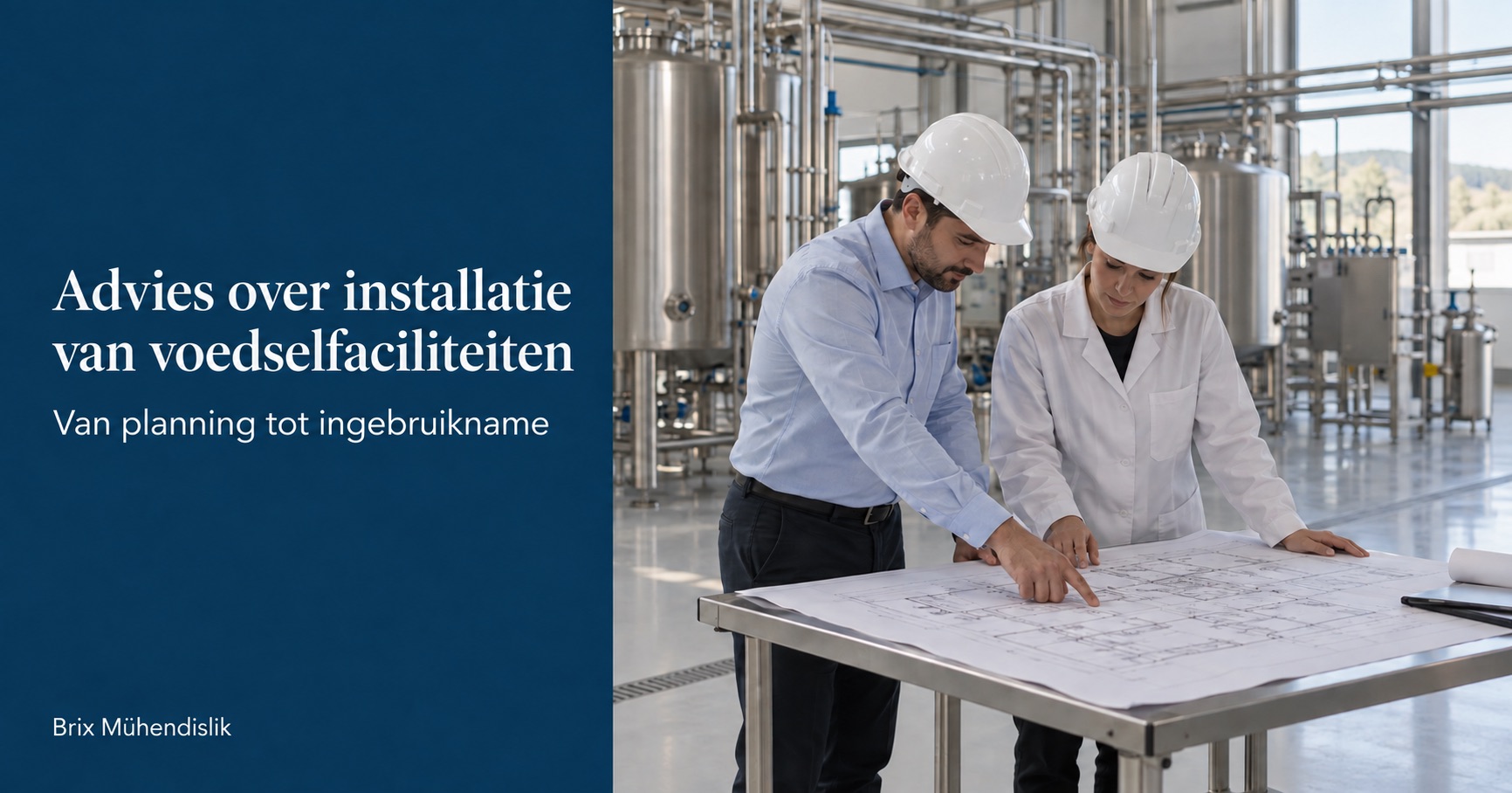 Twee ingenieurs bekijken een plattegrond in een nieuwe productieruimte voor een levensmiddelenfabriek.