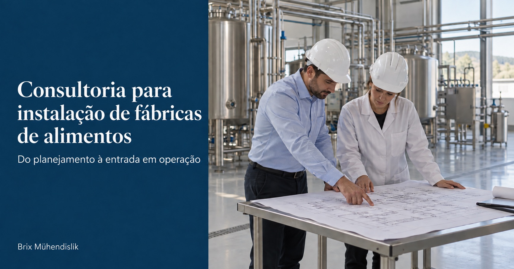 Dois engenheiros examinam uma planta em uma nova fábrica; capa Consultoria para instalação de fábricas de alimentos.