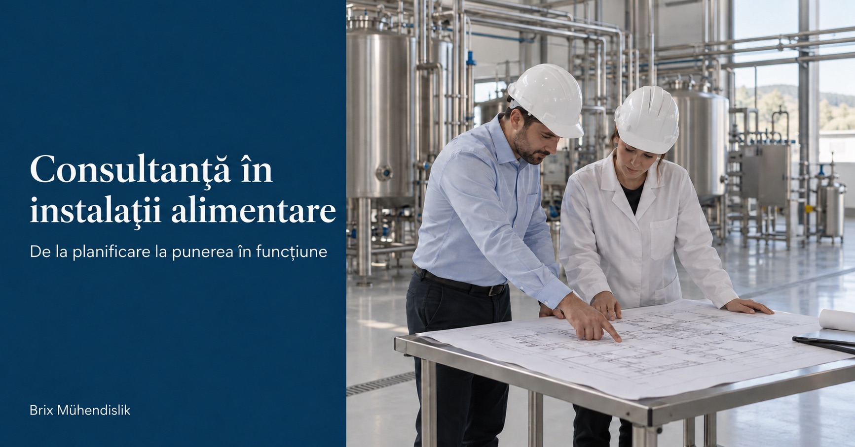 Doi ingineri analizează un plan într-o hală nouă pentru producția de alimente.