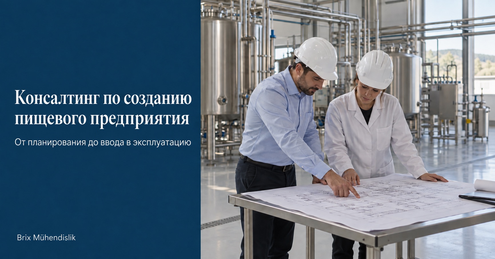 Два инженера изучают план в новом производственном цехе; обложка Консалтинг по созданию пищевого предприятия.