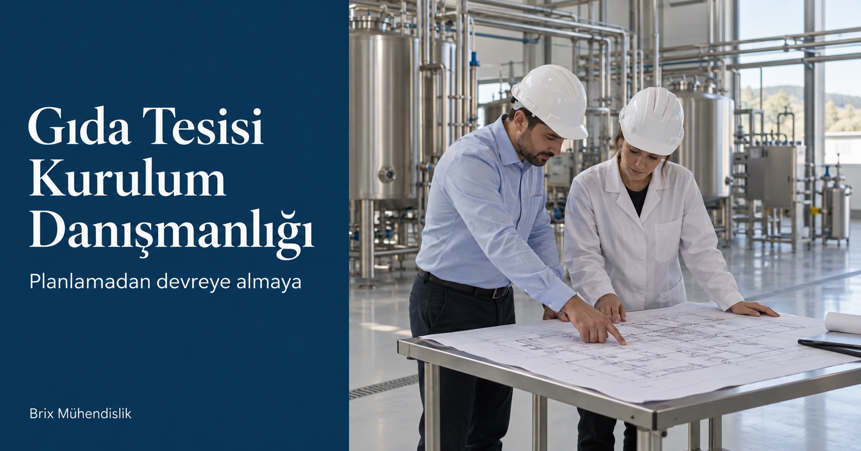 Yeni bir gıda tesisinde yerleşim planını inceleyen iki mühendis; Gıda Tesisi Kurulum Danışmanlığı başlıklı kapak.