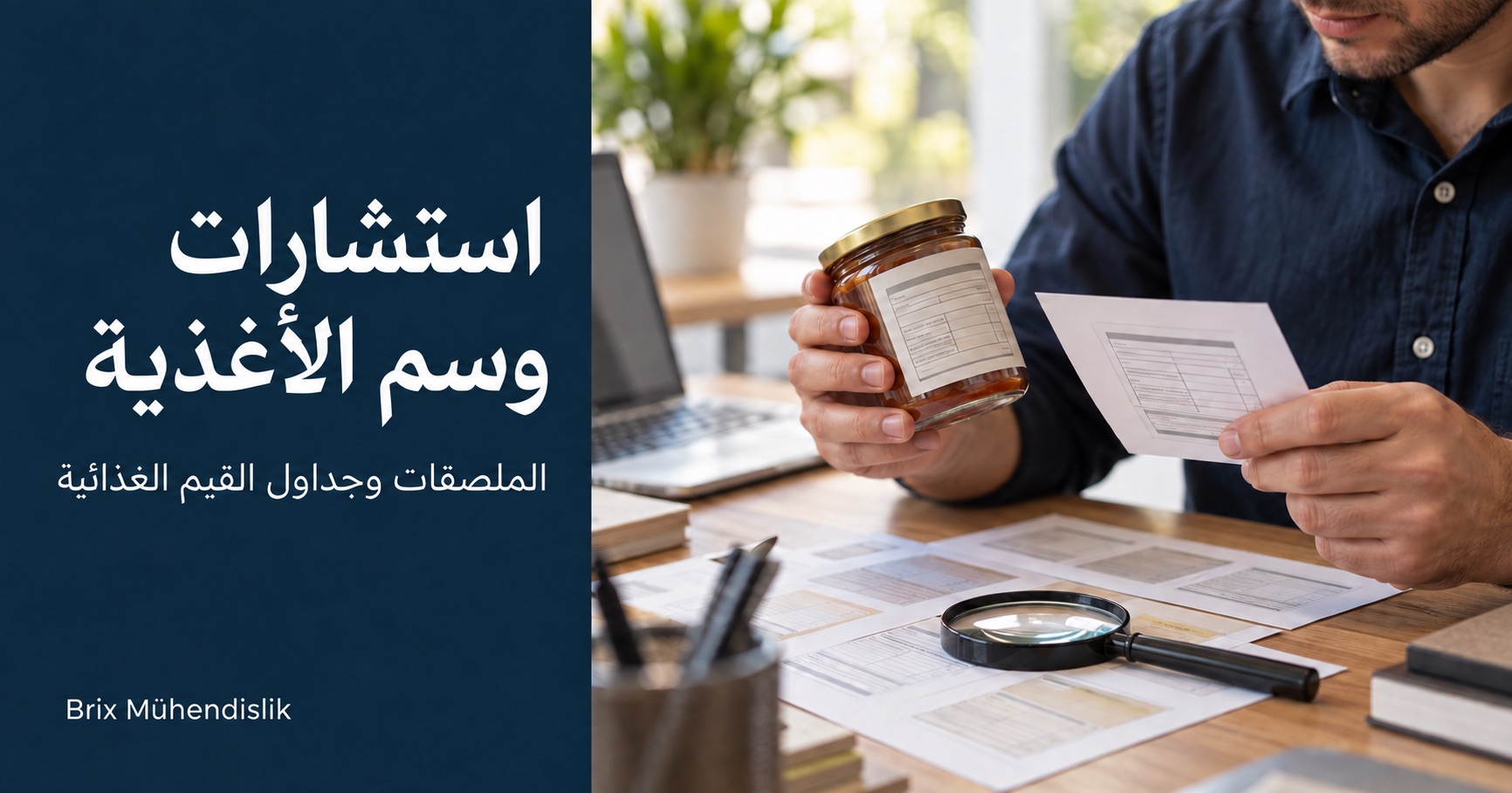 استشارات وسم الأغذية: مختص يقارن ملصق برطمان بعينة مطبوعة على مكتب يضم نماذج ملصقات وعدسة مكبرة.