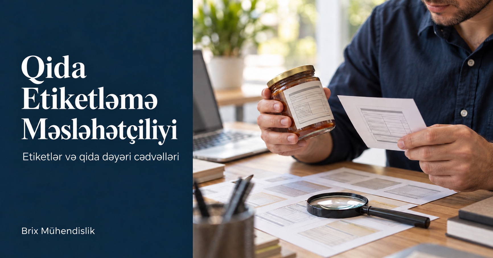 Qida Etiketləmə Məsləhətçiliyi: mütəxəssis etiket nümunələri və böyüdücü şüşə olan masada bankanın etiketini çap nümunəsi ilə müqayisə edir.