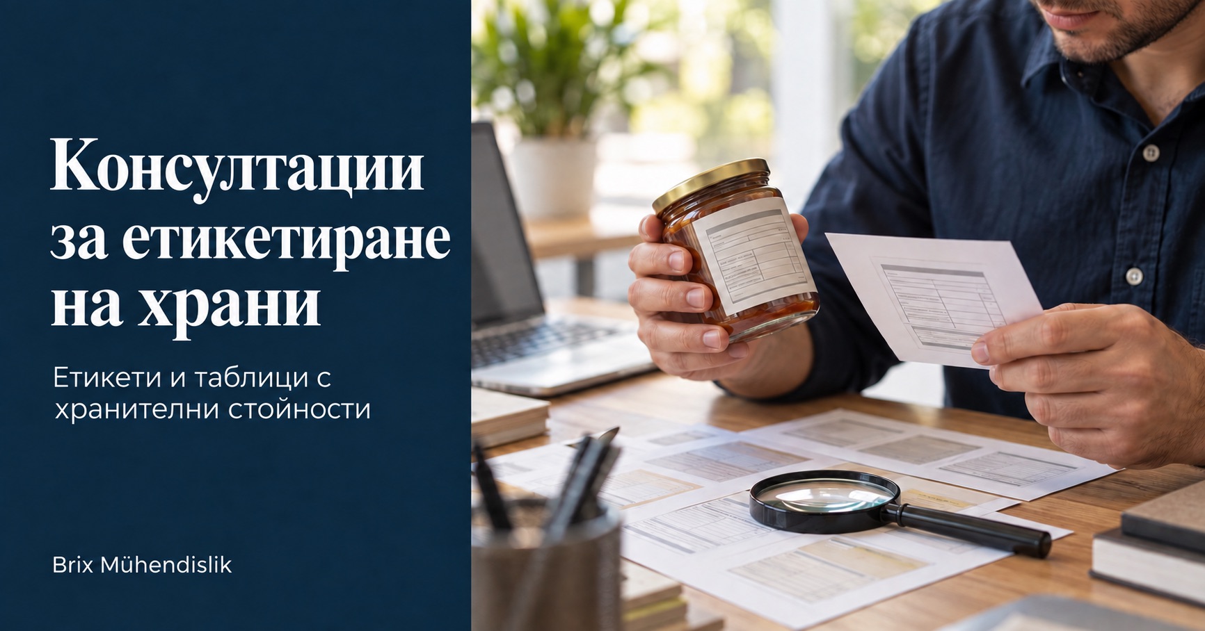 Консултации за етикетиране на храни: специалист сравнява етикета на буркан с печатна проба на бюро с образци на етикети и лупа.
