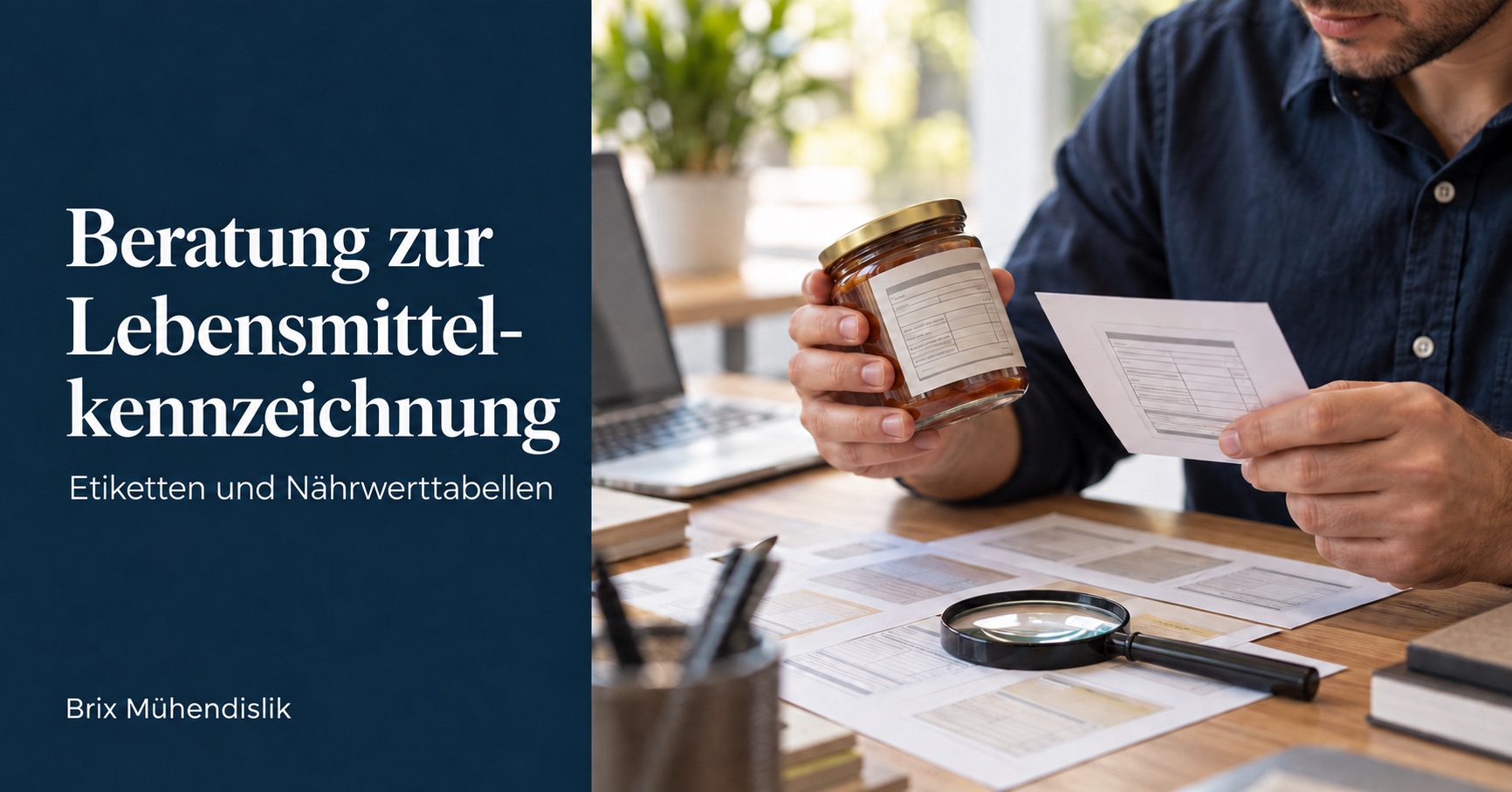 Beratung zur Lebensmittelkennzeichnung: Ein Fachmann vergleicht ein Glasetikett mit einem Druckmuster an einem Tisch mit Etikettenproben und einer Lupe.