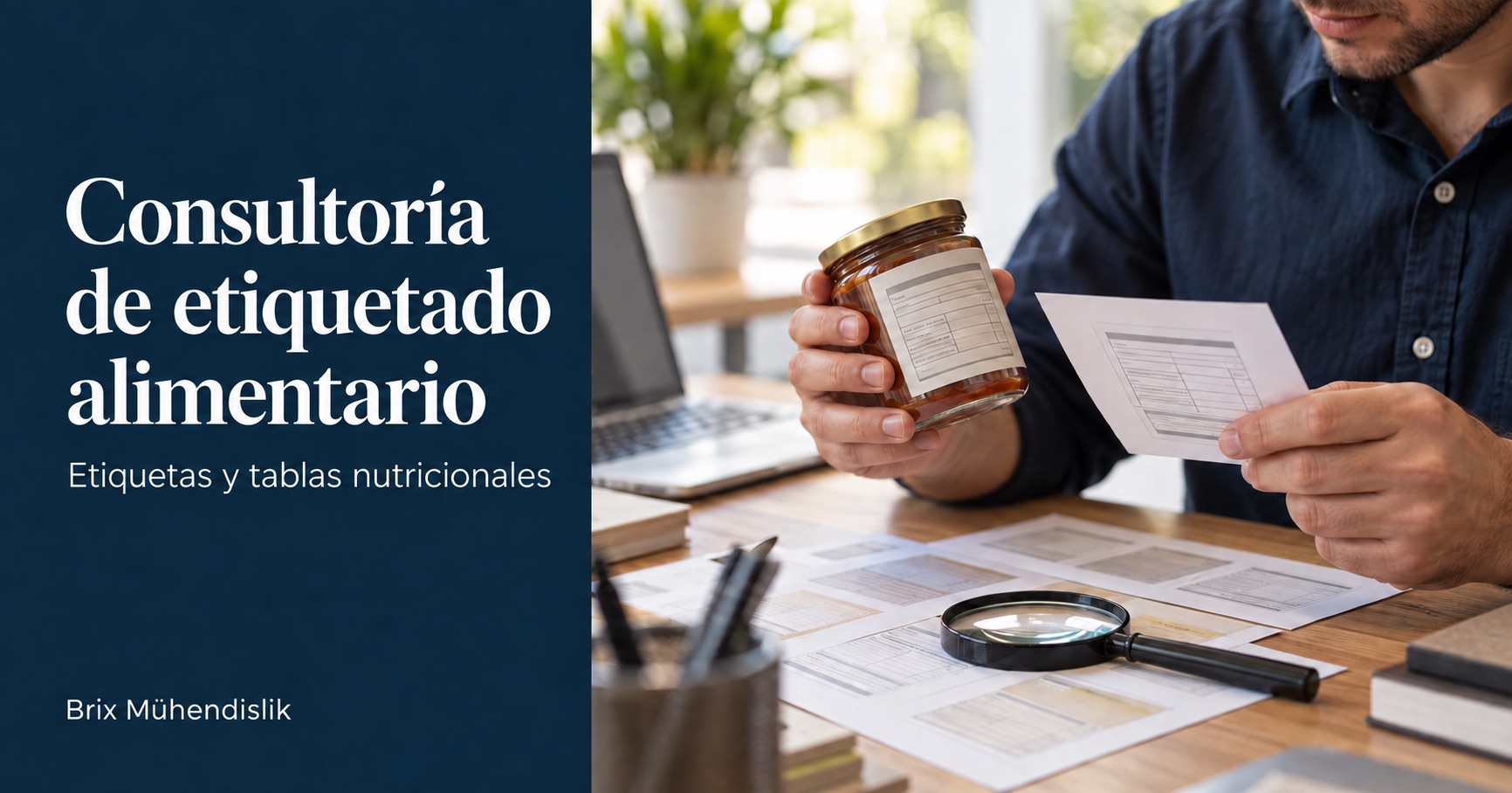 Consultoría de etiquetado alimentario: un especialista compara la etiqueta de un tarro con una prueba impresa en una mesa con muestras y una lupa.