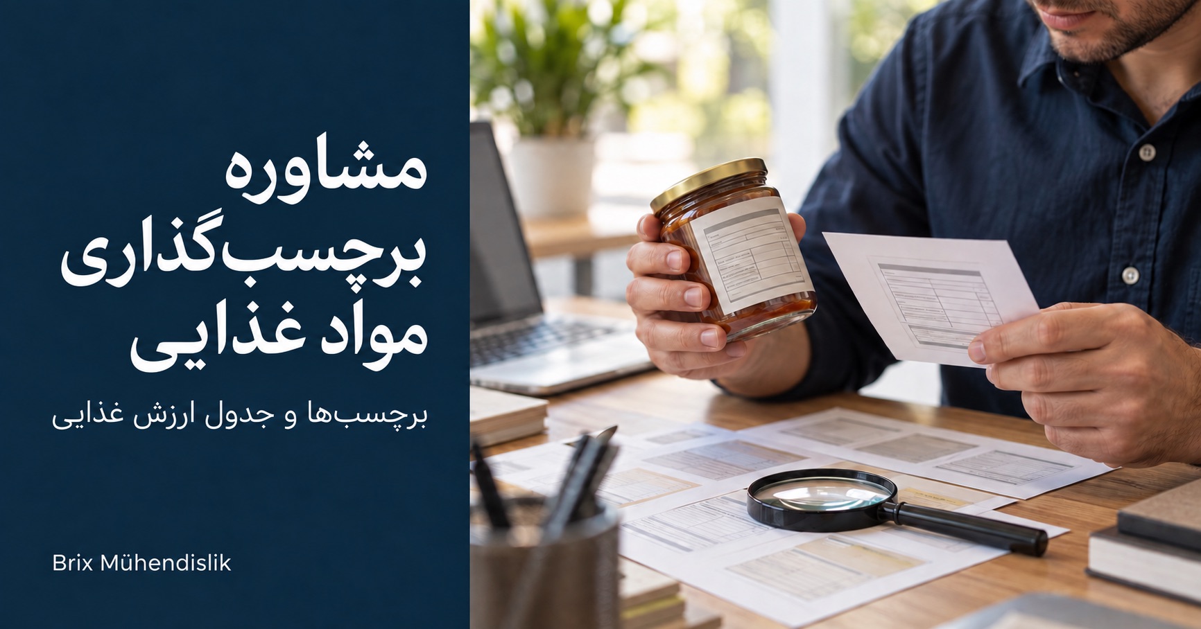 مشاوره برچسب‌گذاری مواد غذایی: متخصص برچسب شیشه را با نمونه چاپی روی میزی با نمونه‌های برچسب و ذره‌بین مقایسه می‌کند.