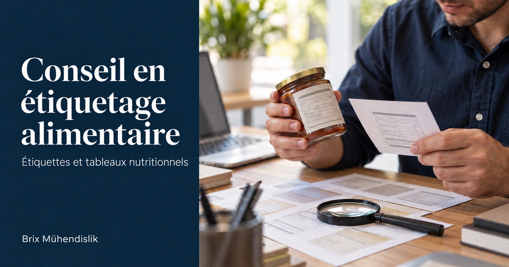 Conseil en étiquetage alimentaire : un spécialiste compare l’étiquette d’un bocal à une épreuve imprimée sur un bureau avec des échantillons et une loupe.