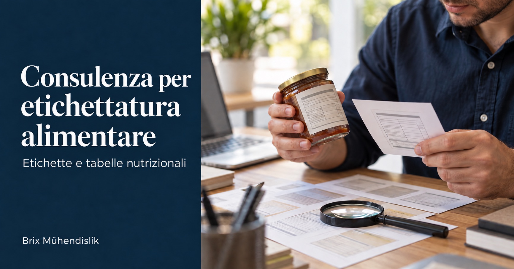 Consulenza per etichettatura alimentare: uno specialista confronta l’etichetta di un barattolo con una prova di stampa su un tavolo con campioni e una lente.