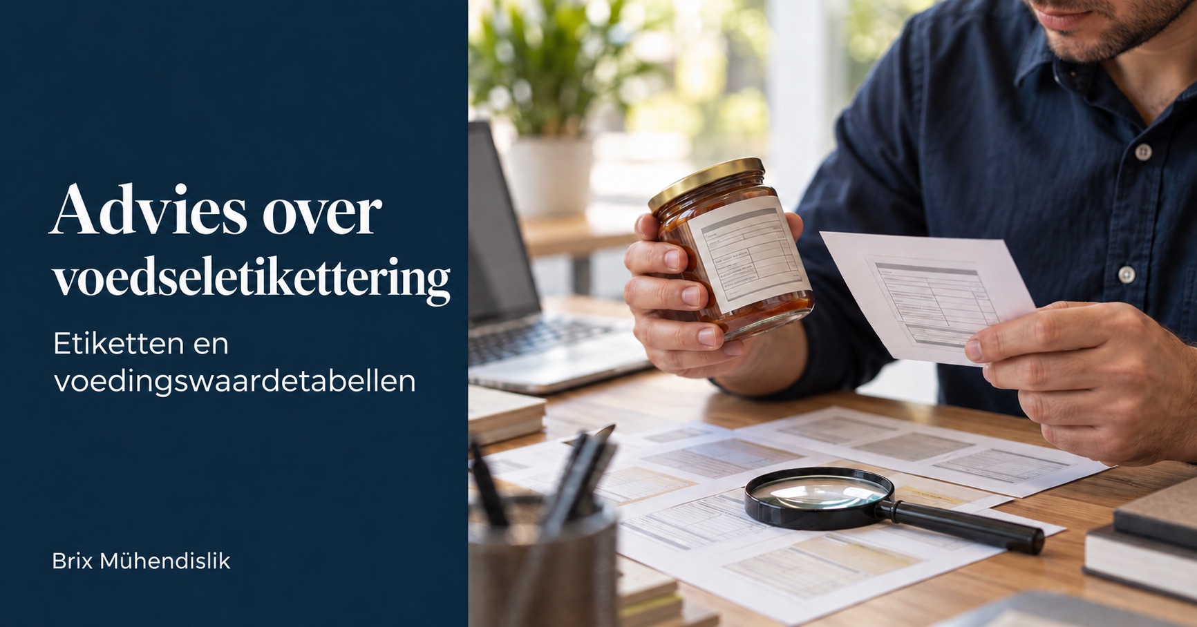 Advies over voedseletikettering: een specialist vergelijkt een etiket op een pot met een drukproef aan een bureau met etiketmonsters en een vergrootglas.