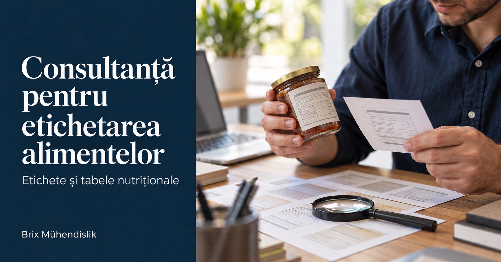 Consultanță pentru etichetarea alimentelor: un specialist compară eticheta unui borcan cu o probă tipărită la un birou cu mostre de etichete și o lupă.