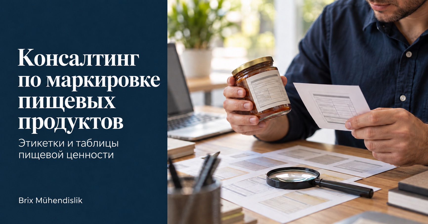 Консалтинг по маркировке пищевых продуктов: специалист сравнивает этикетку банки с печатной пробой за столом с образцами этикеток и лупой.