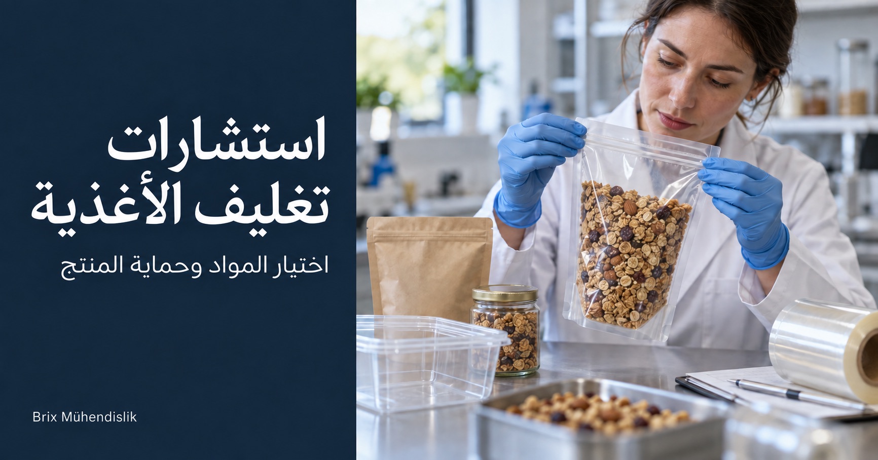 استشارات تغليف الأغذية: مهندسة تفحص منطقة إغلاق كيس جرانولا على طاولة عمل تضم عينات متنوعة من مواد التعبئة والتغليف.