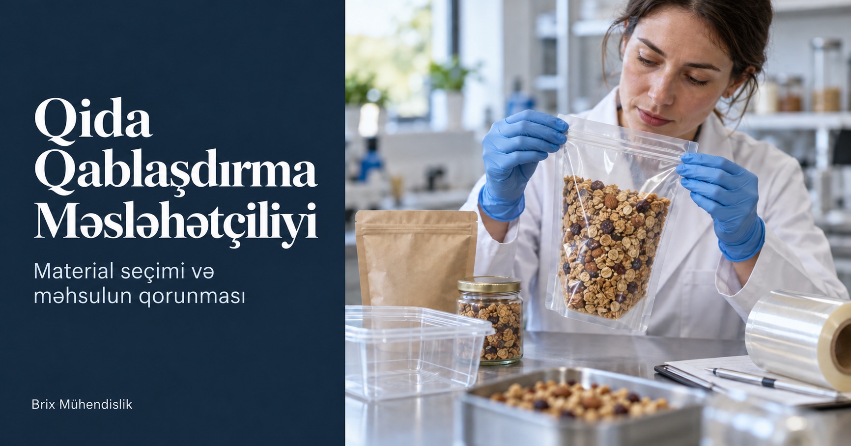 Qida Qablaşdırma Məsləhətçiliyi: mühəndis müxtəlif qablaşdırma nümunələri olan iş masasında qranola paketinin bağlanma hissəsini yoxlayır.