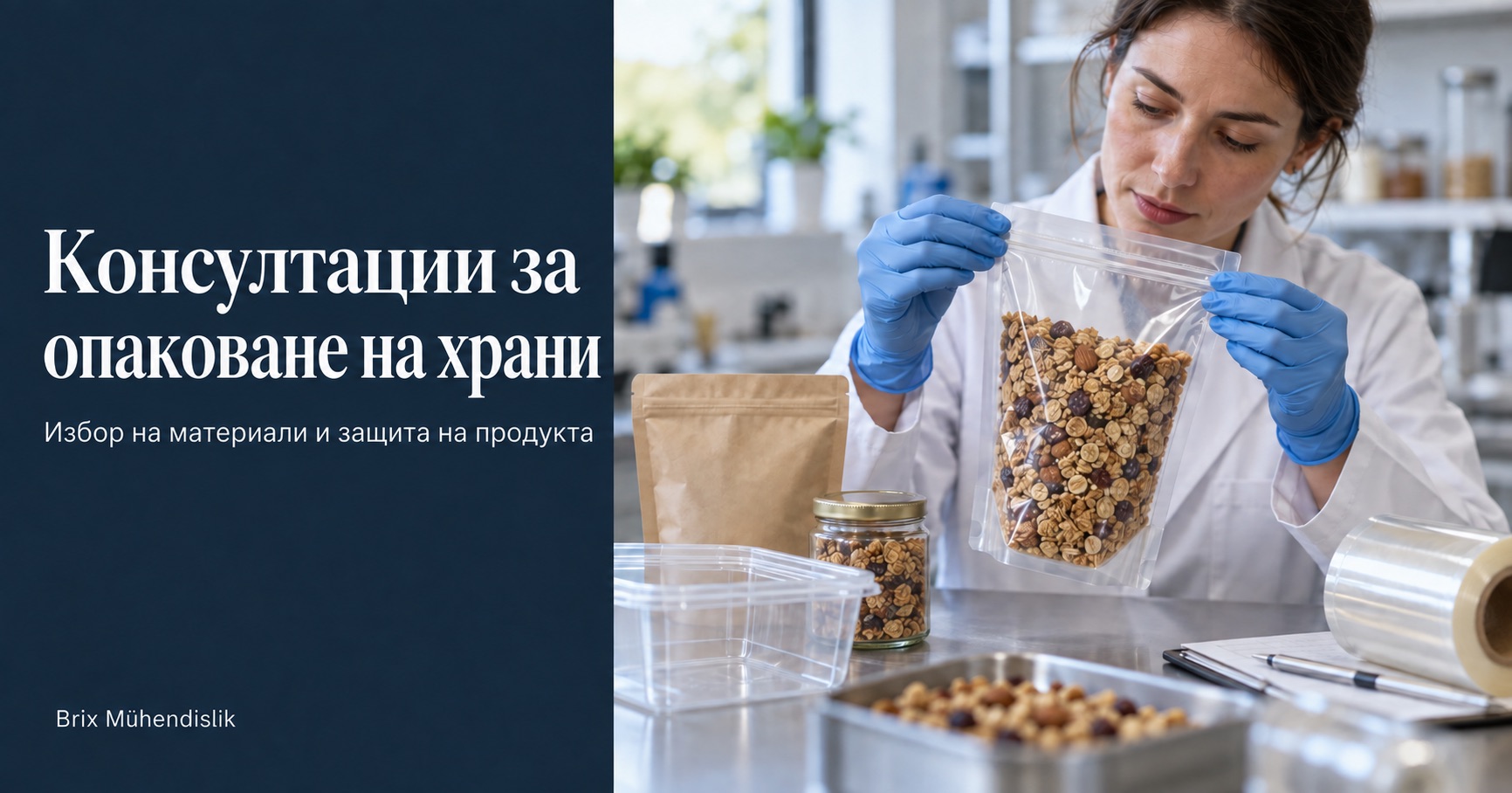 Консултации за опаковане на храни: инженер проверява запечатването на плик с гранола на работна маса с различни образци на опаковки.