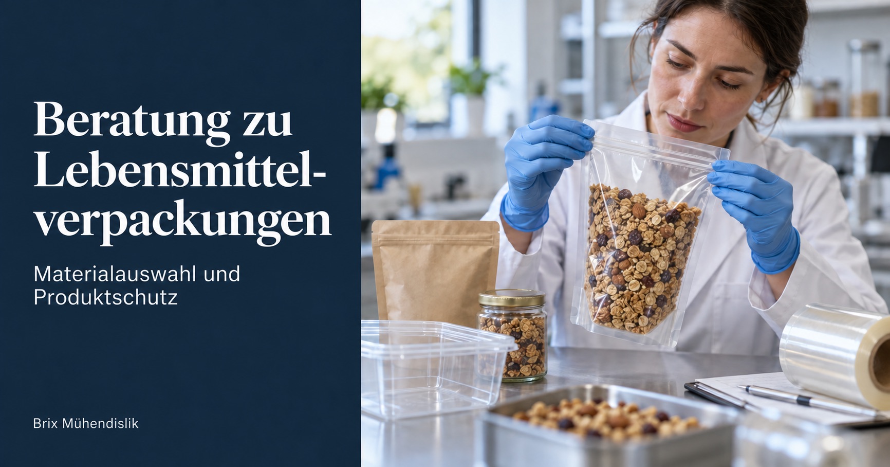 Beratung zu Lebensmittelverpackungen: Eine Ingenieurin prüft die Siegelnaht eines Granolabeutels an einem Tisch mit verschiedenen Verpackungsmustern.