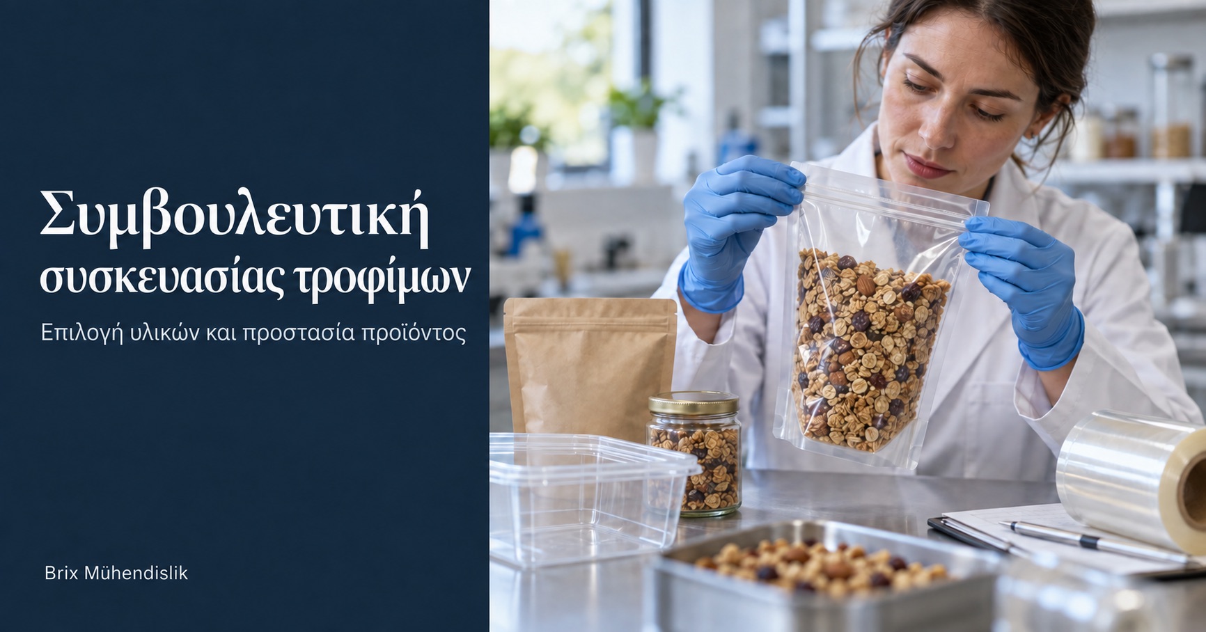Συμβουλευτική συσκευασίας τροφίμων: μηχανικός εξετάζει τη σφράγιση μιας σακούλας γκρανόλα σε πάγκο με διαφορετικά δείγματα συσκευασίας.