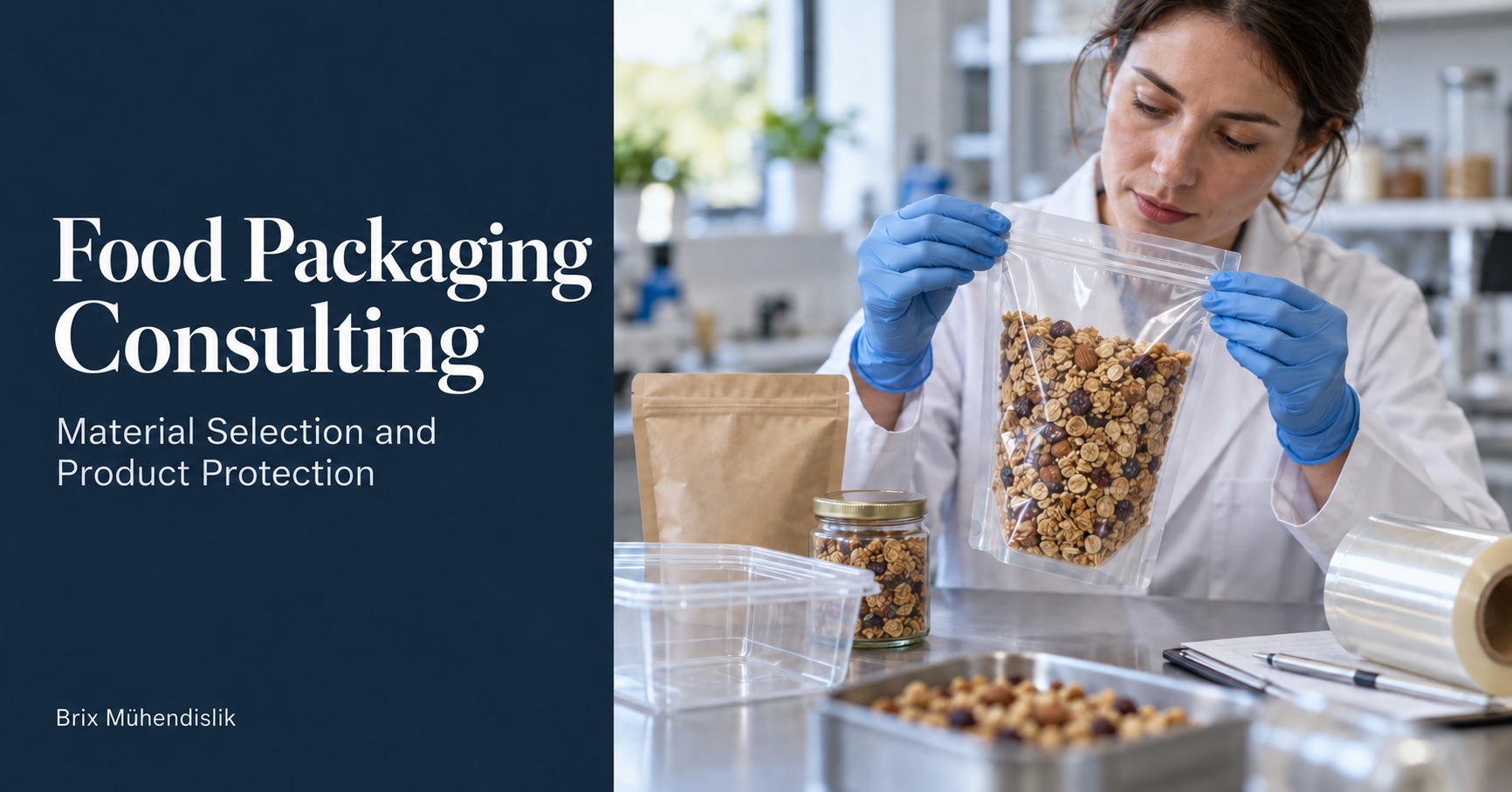 Food Packaging Consulting: a packaging engineer examines the seal of a granola pouch at a bench with different packaging samples.