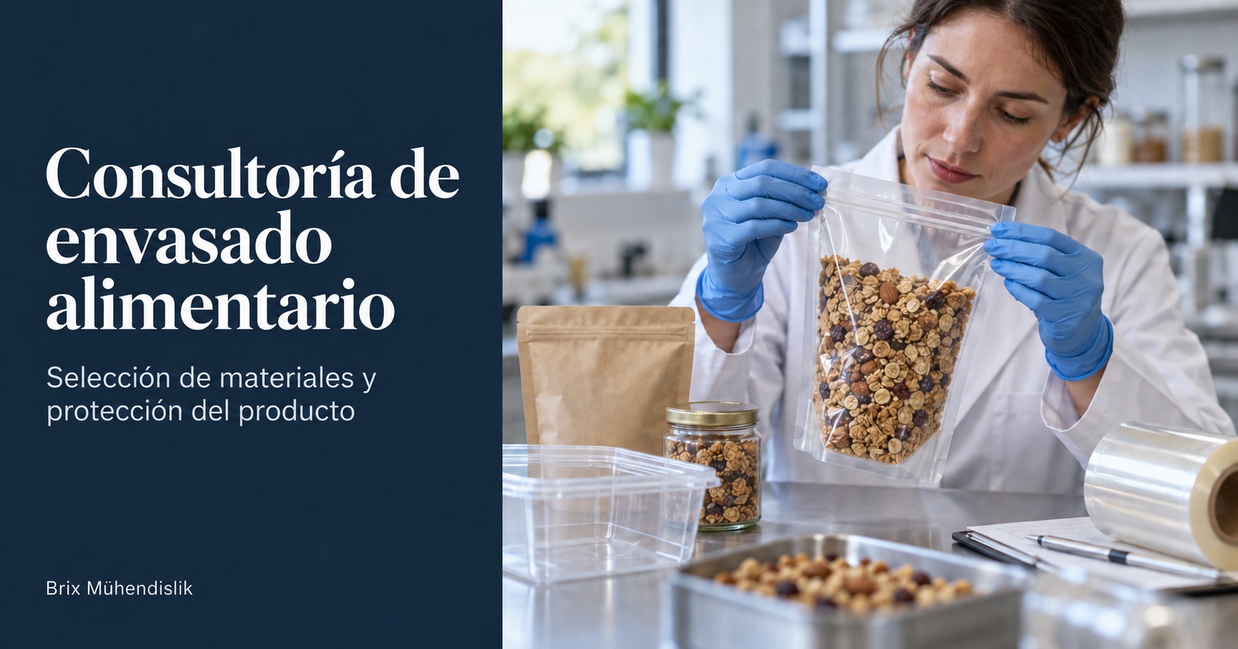 Consultoría de envasado alimentario: una ingeniera examina el sellado de una bolsa de granola en una mesa con distintas muestras de envases.