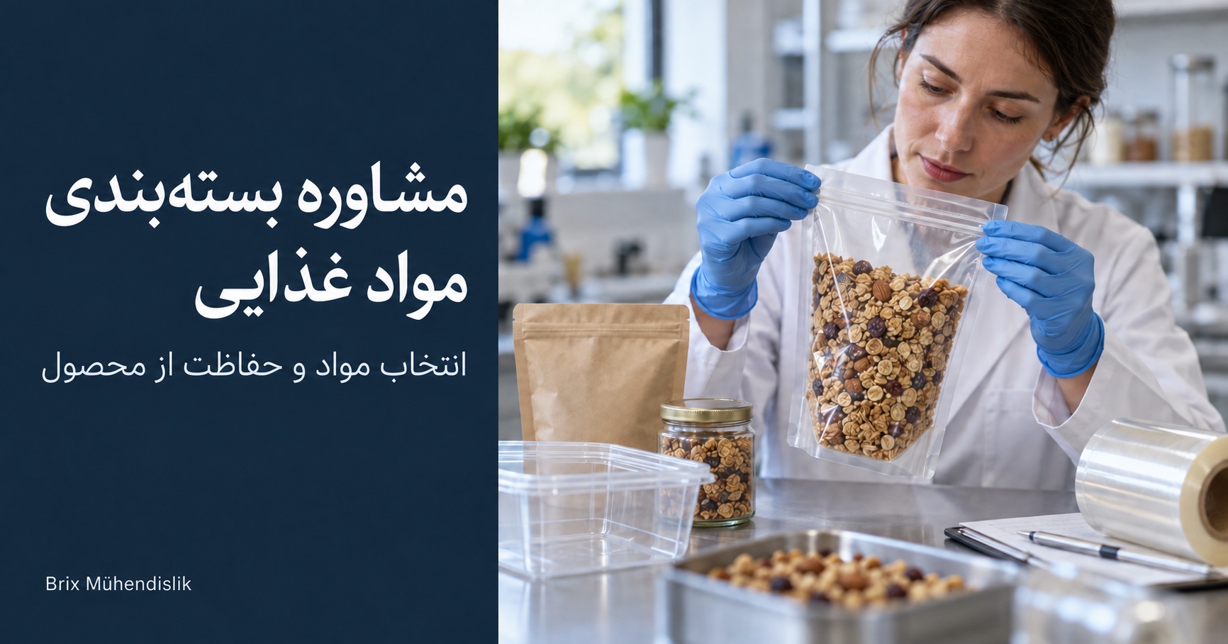 مشاوره بسته‌بندی مواد غذایی: مهندس محل دوخت کیسه گرانولا را روی میز کاری با نمونه‌های گوناگون بسته‌بندی بررسی می‌کند.