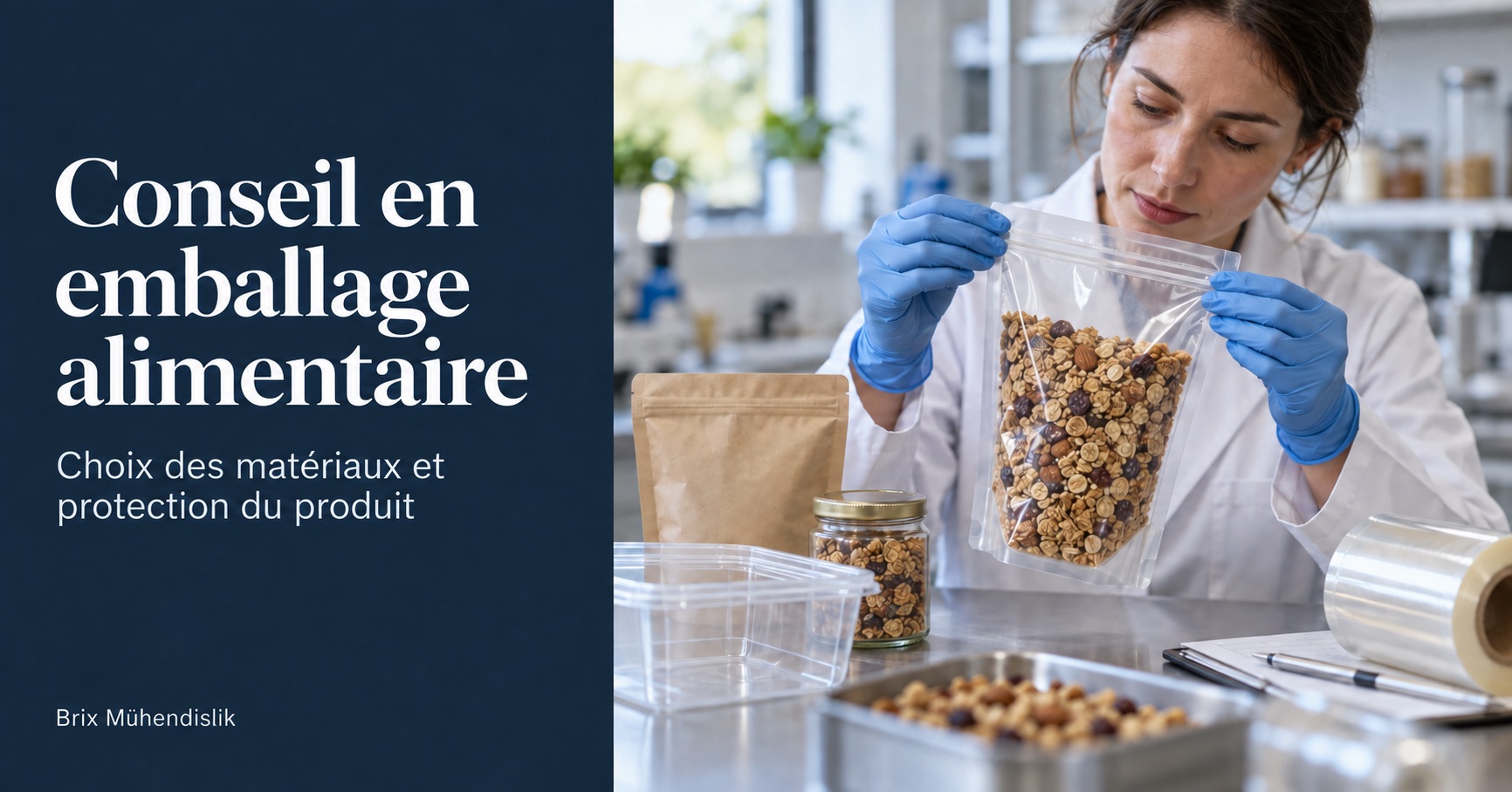 Conseil en emballage alimentaire : une ingénieure examine la fermeture d’un sachet de granola sur un plan de travail avec divers échantillons d’emballage.