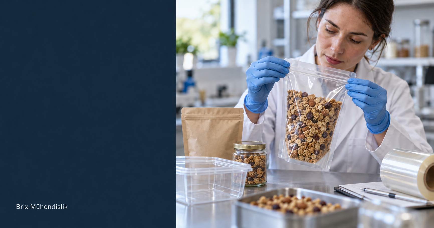 Onímọ̀ ẹ̀rọ ìṣàpò ń yẹ ibi ìdè àpò granola wò níbi tábìlì tí onírúurú àpẹẹrẹ àpò wà.