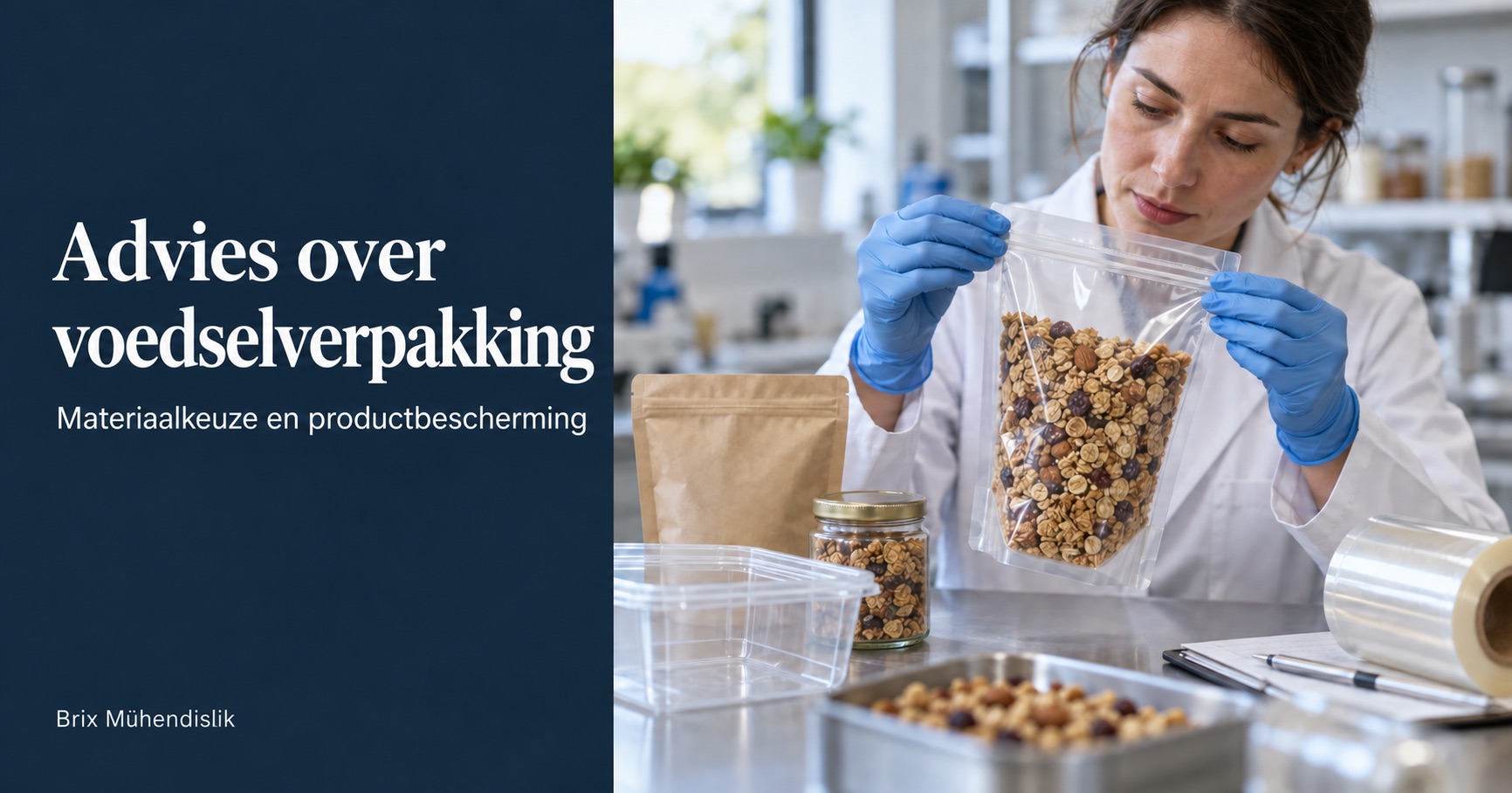 Advies over voedselverpakking: een ingenieur onderzoekt de sluitnaad van een zak granola aan een werkbank met verschillende verpakkingsmonsters.