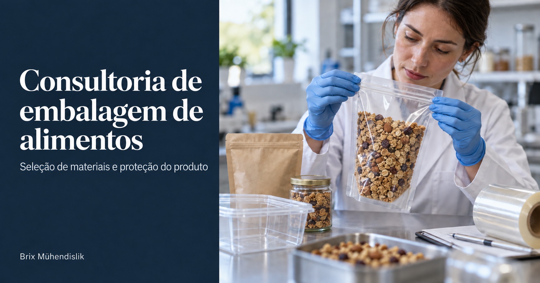 Consultoria de embalagem de alimentos: uma engenheira examina a selagem de um saco de granola numa bancada com diferentes amostras de embalagens.
