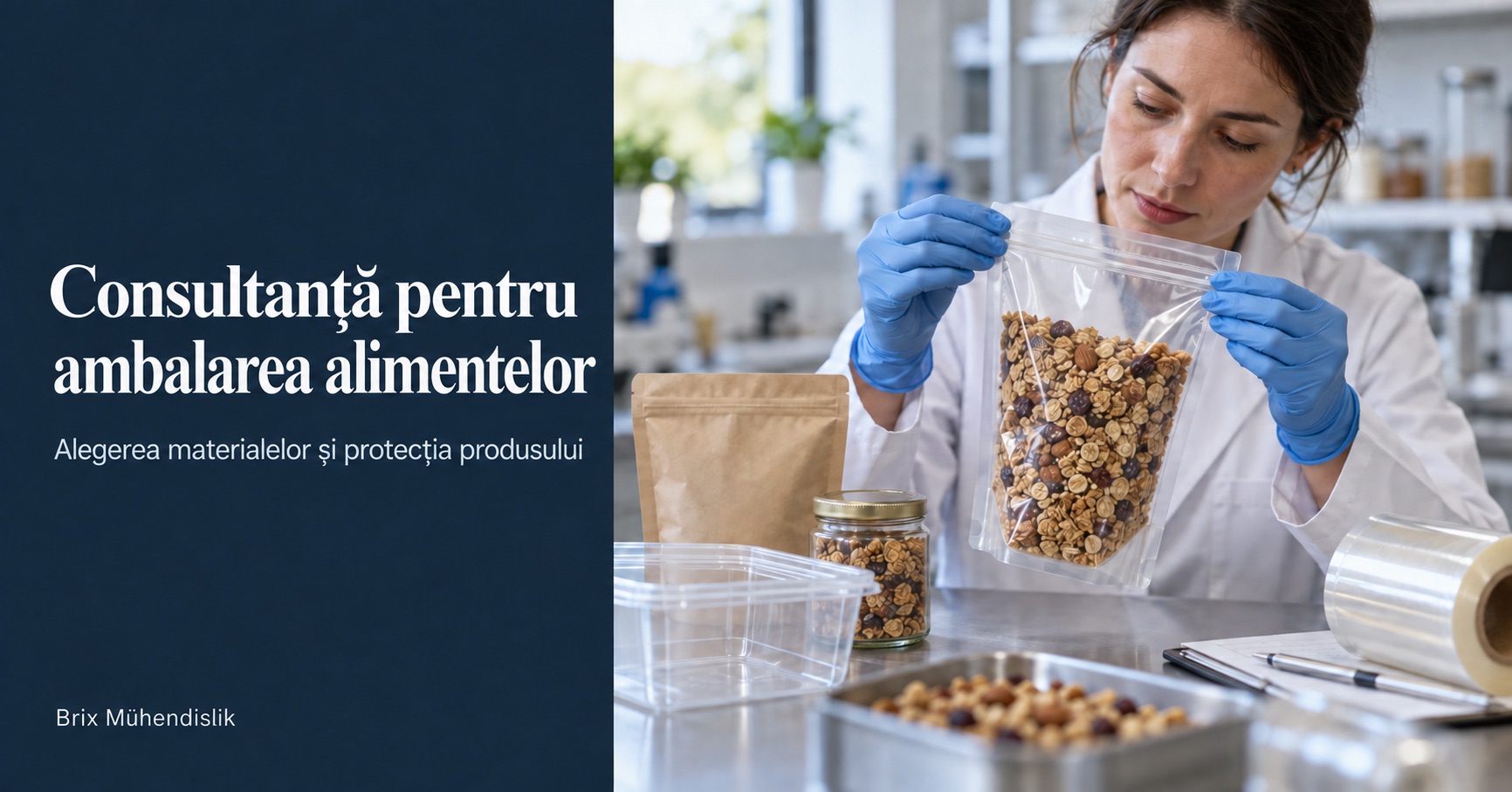 Consultanță pentru ambalarea alimentelor: o ingineră examinează sigilarea unei pungi de granola la o masă cu diverse mostre de ambalaje.