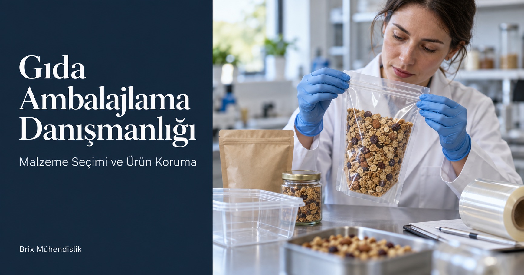 Gıda Ambalajlama Danışmanlığı: ambalaj mühendisi, farklı ambalaj örneklerinin bulunduğu tezgahta granola poşetinin kapatma bölgesini inceliyor.