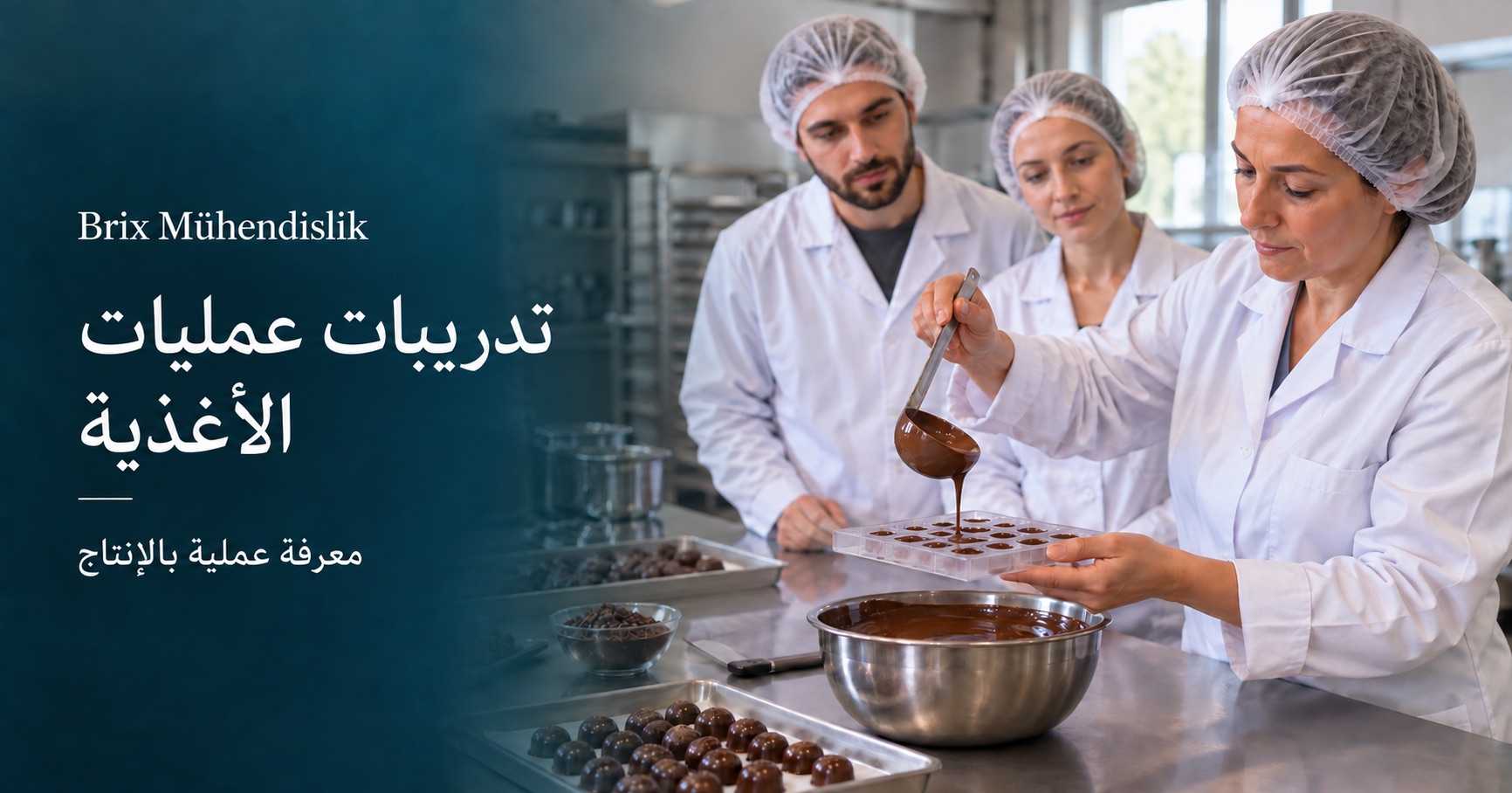 مدرّبة توضح صب الشوكولاتة في القالب لمشاركَين؛ مشهد تدريبي تمثيلي مولّد بالذكاء الاصطناعي.