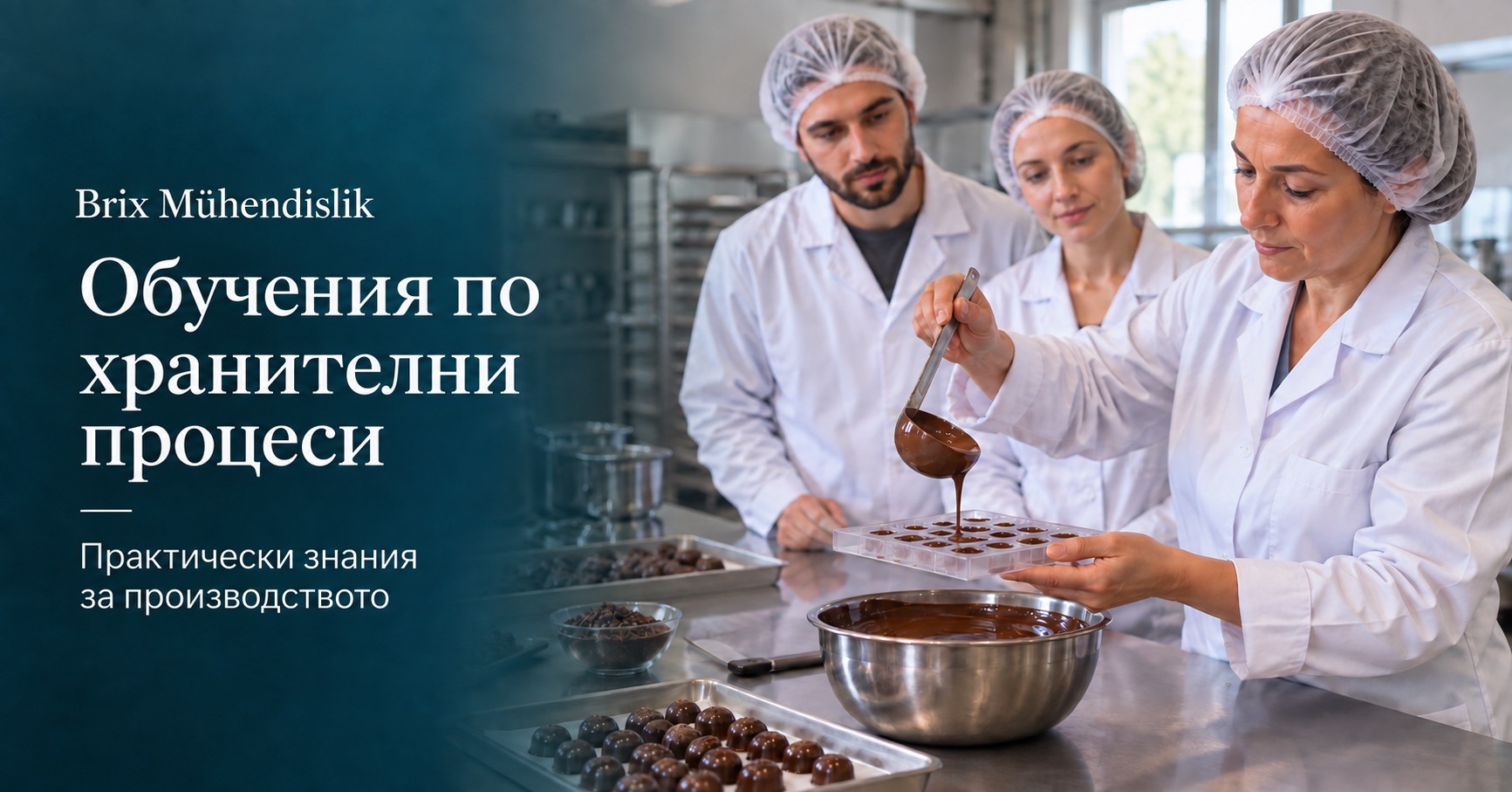 Инструкторка показва на двама участници формоване на шоколад; представителна учебна сцена, създадена с изкуствен интелект.