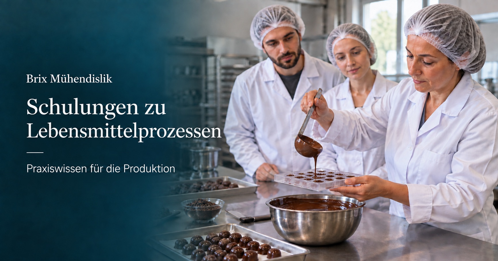 Eine Ausbilderin zeigt zwei Teilnehmenden das Formen von Schokolade; eine KI-generierte repräsentative Schulungsszene.