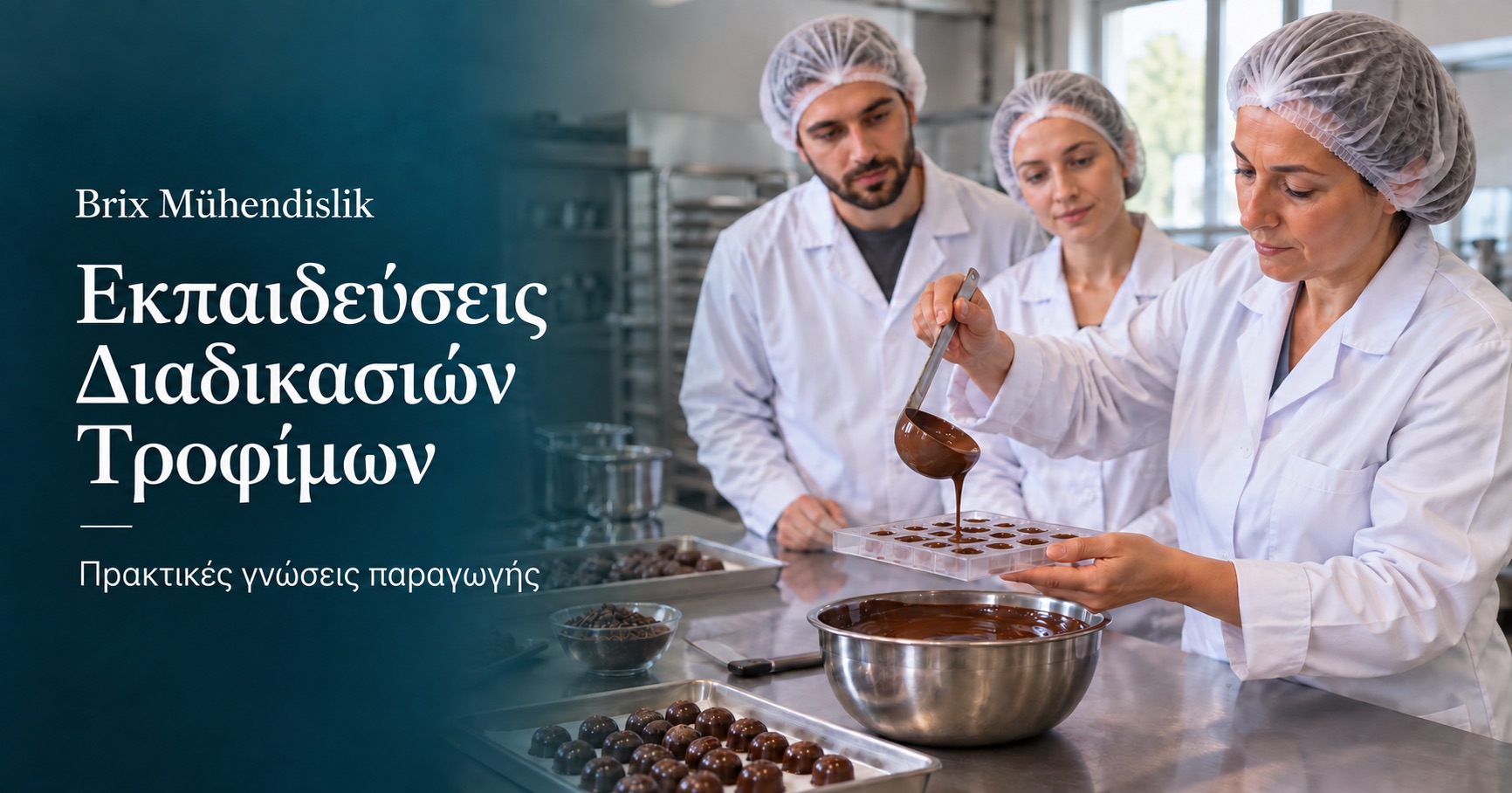 Εκπαιδεύτρια δείχνει σε δύο συμμετέχοντες τη χύτευση σοκολάτας σε καλούπι· ενδεικτική σκηνή εκπαίδευσης με τεχνητή νοημοσύνη.